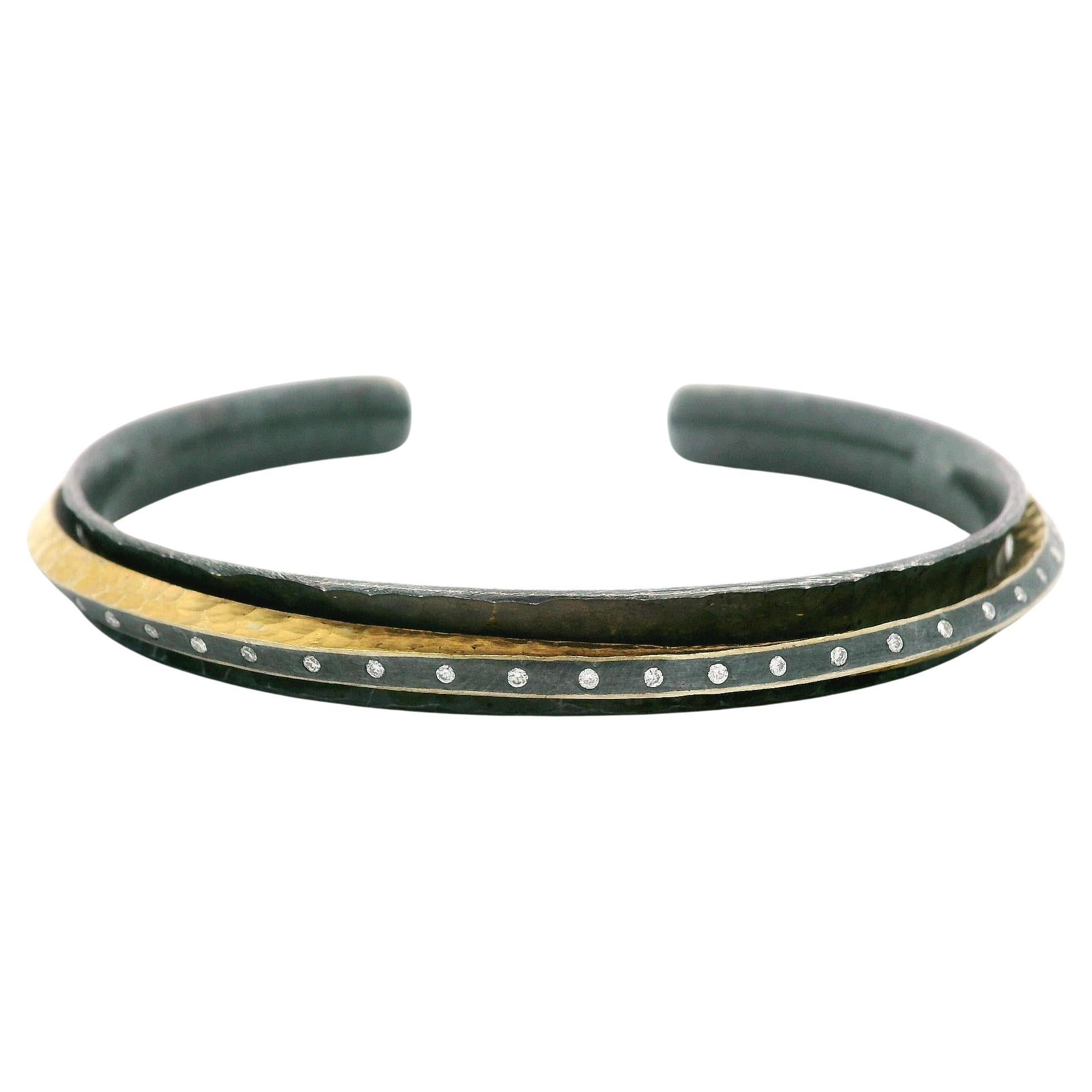 Lika Behar Blackened Silver & Gold Diamond Ying and Yang Twist Cuff Bracelet