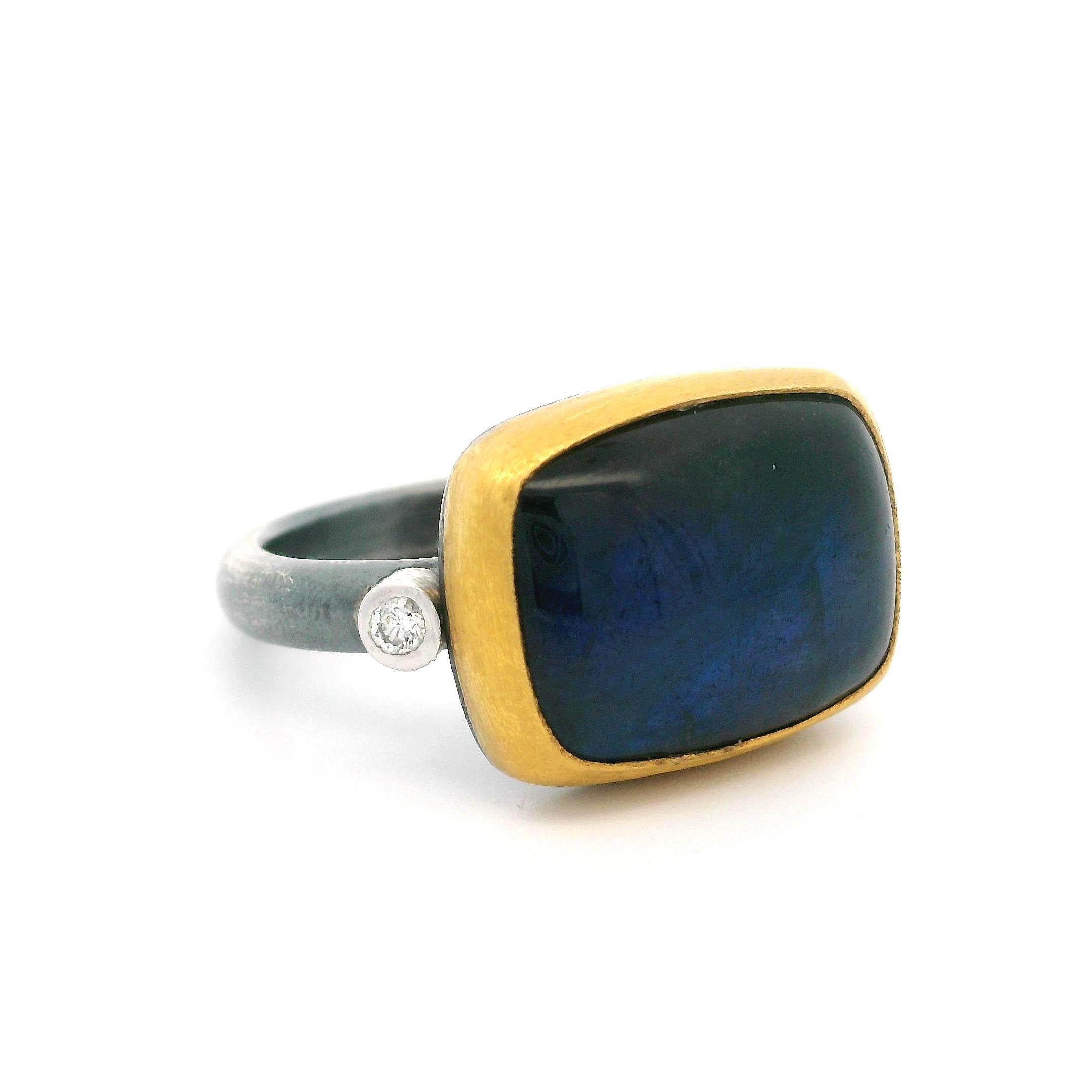 Lika Behar Blackened Silver Yellow Gold Labradorite Diamond Kami Ring 1