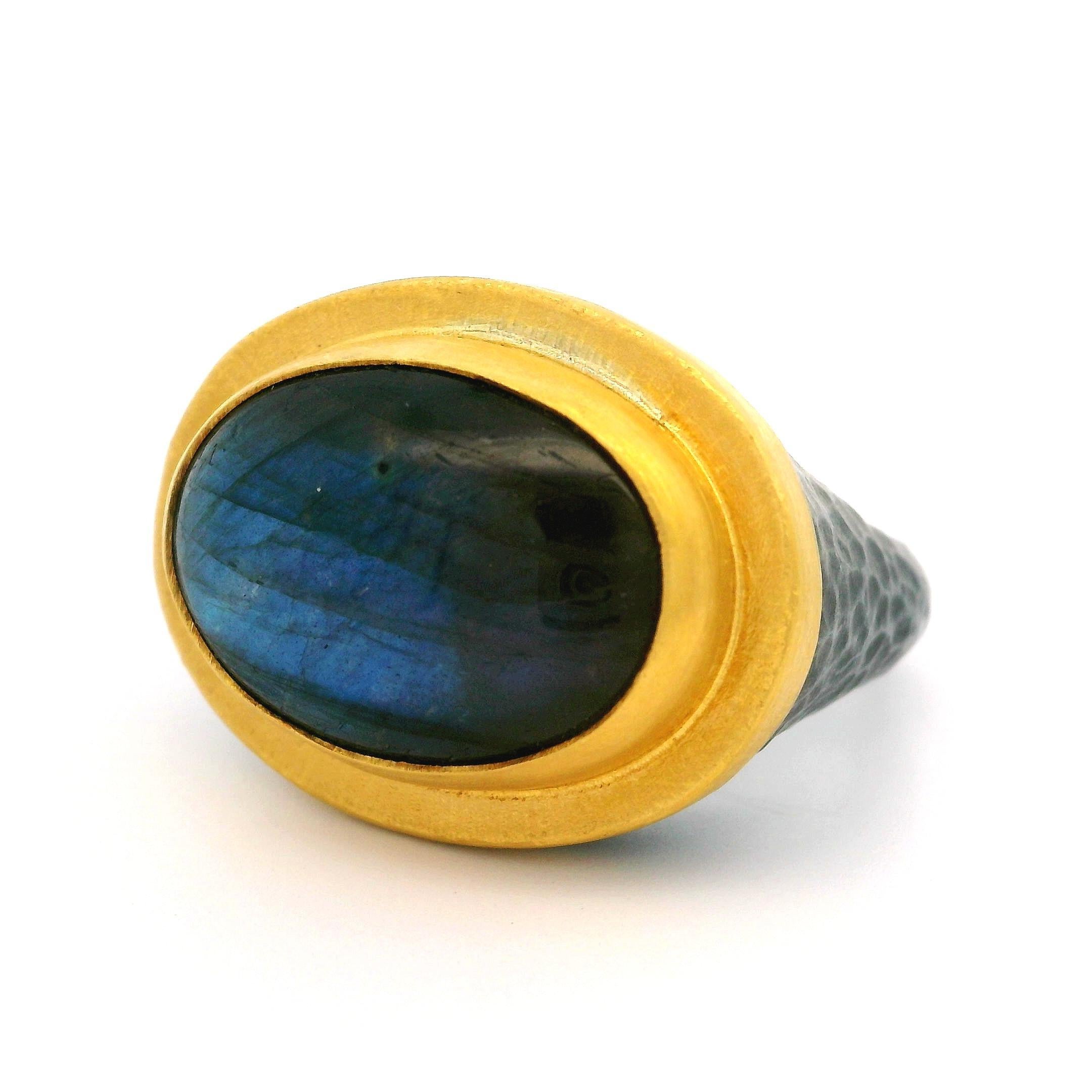 Cabochon Lika Behar Blackened Silver & Yellow Gold Labradorite Pompei Hammered Ring