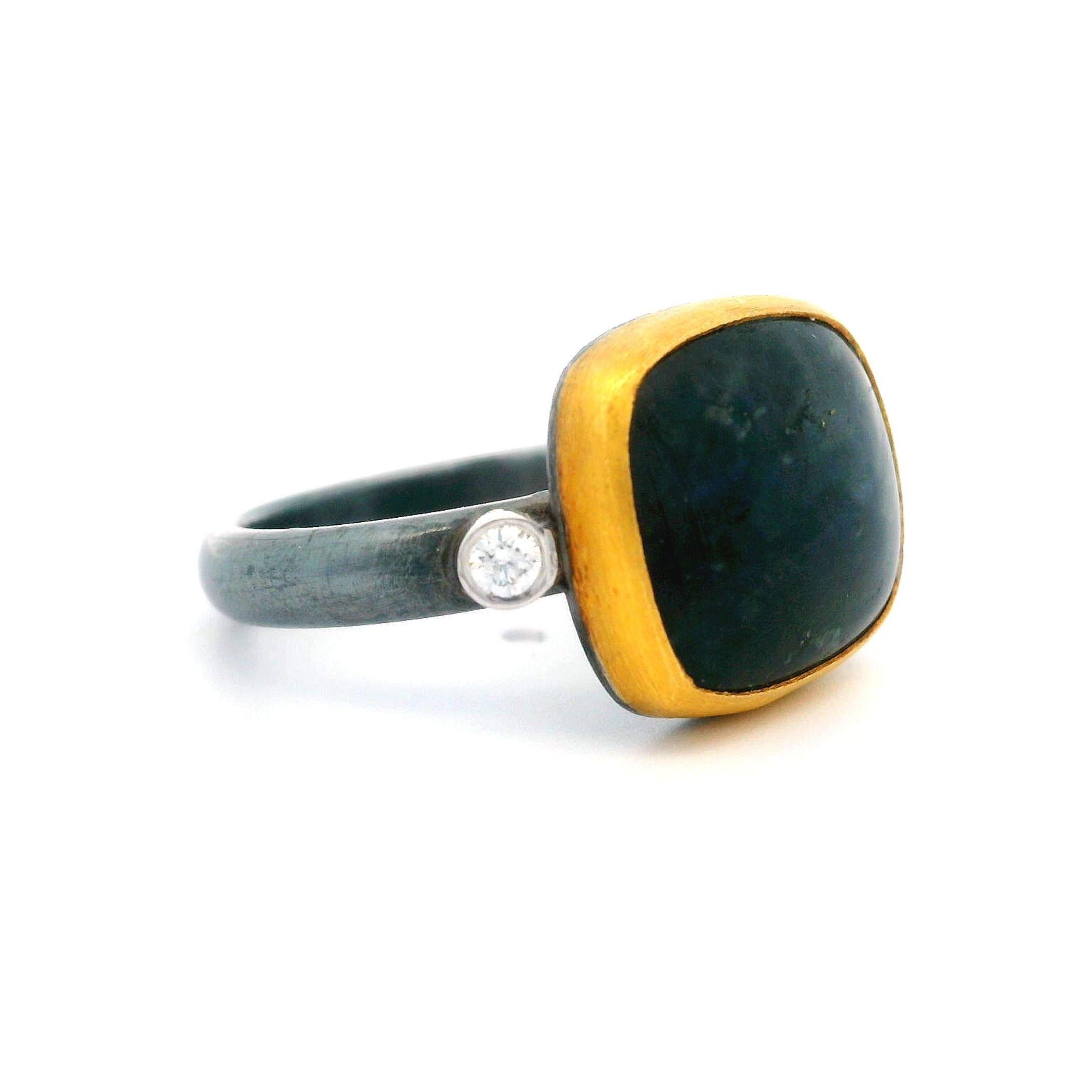 Cabochon Lika Behar Blackened Sterling Silver Yellow Gold Labradorite & Diamond Kami Ring
