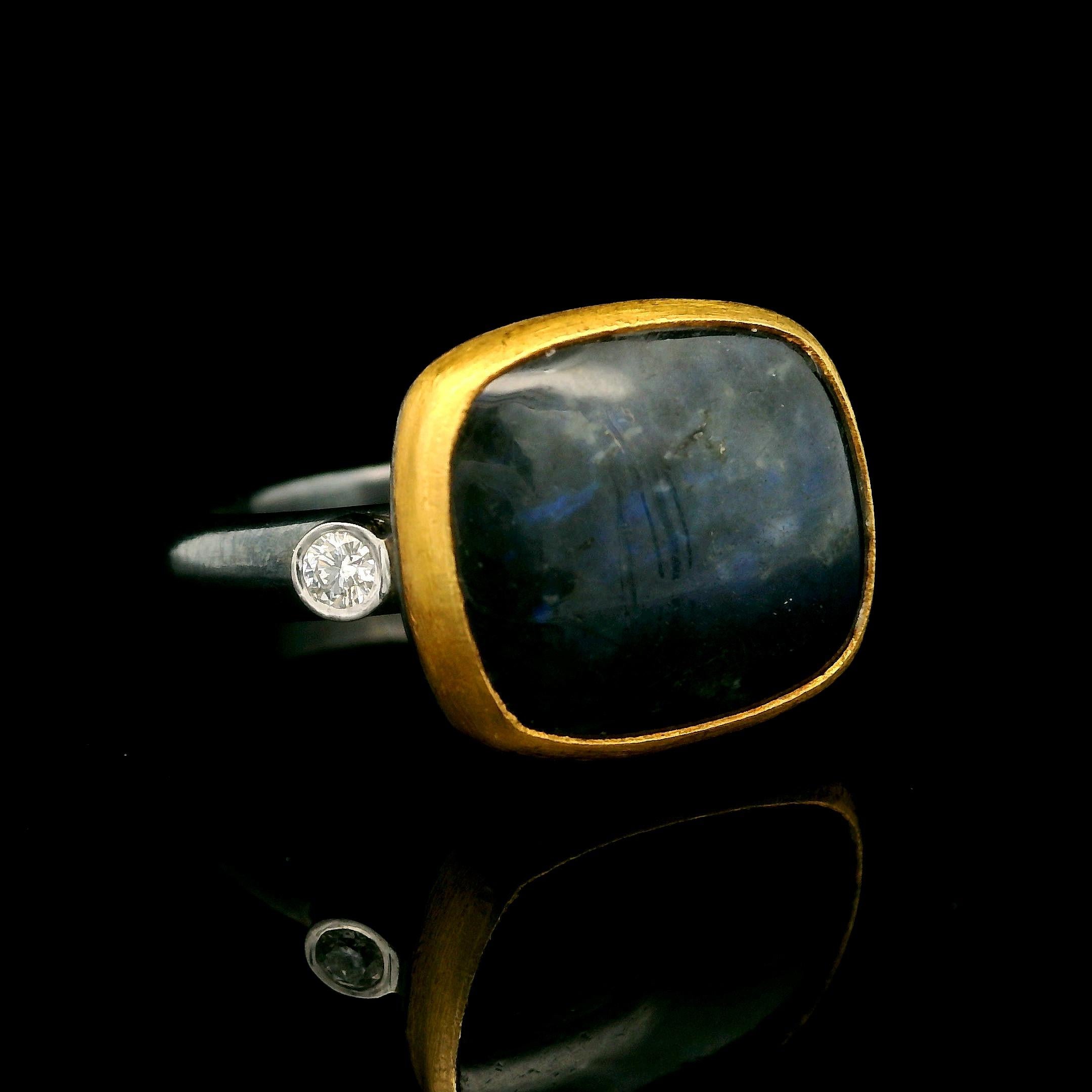Lika Behar Blackened Sterling Silver Yellow Gold Labradorite & Diamond Kami Ring 1