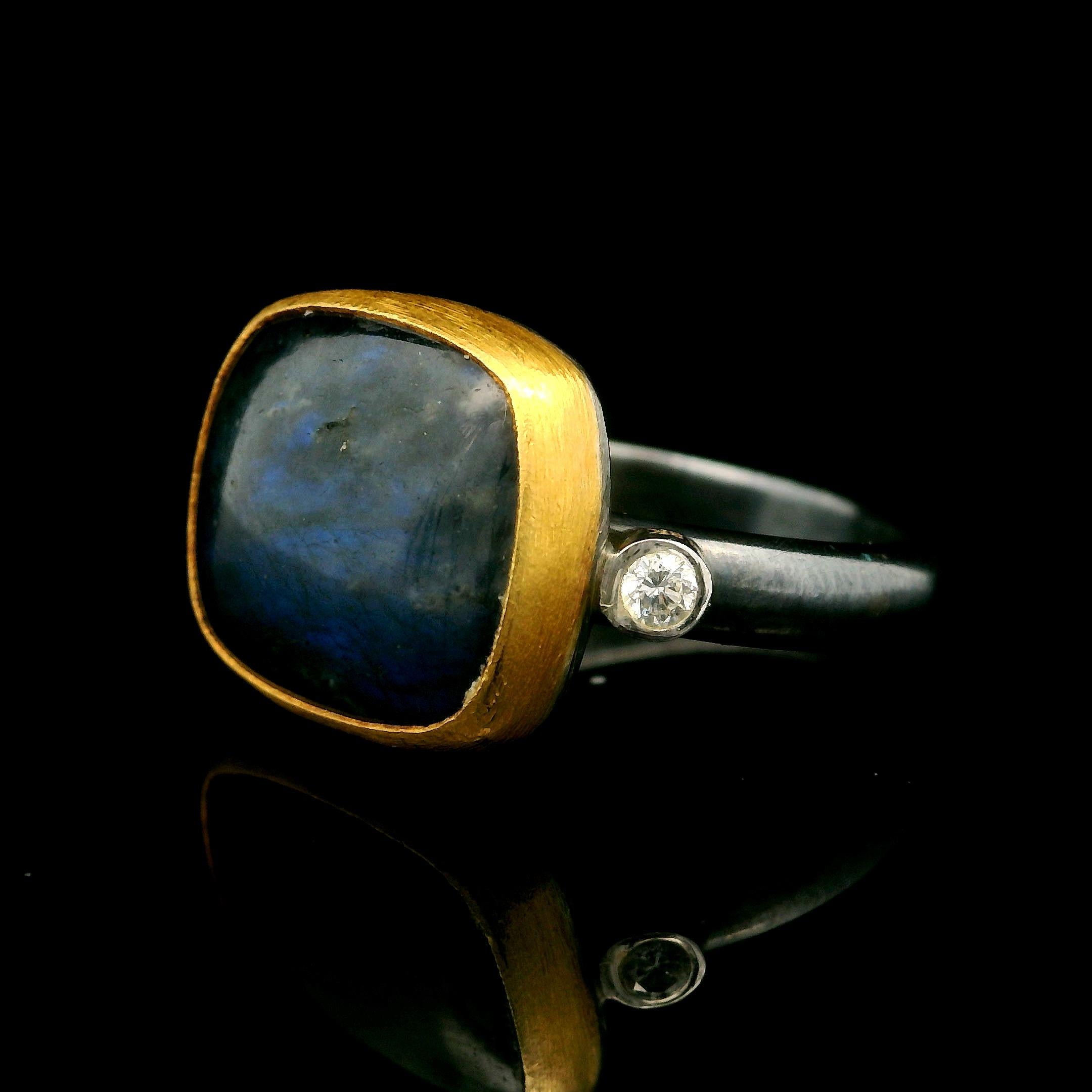 Lika Behar Blackened Sterling Silver Yellow Gold Labradorite & Diamond Kami Ring 3