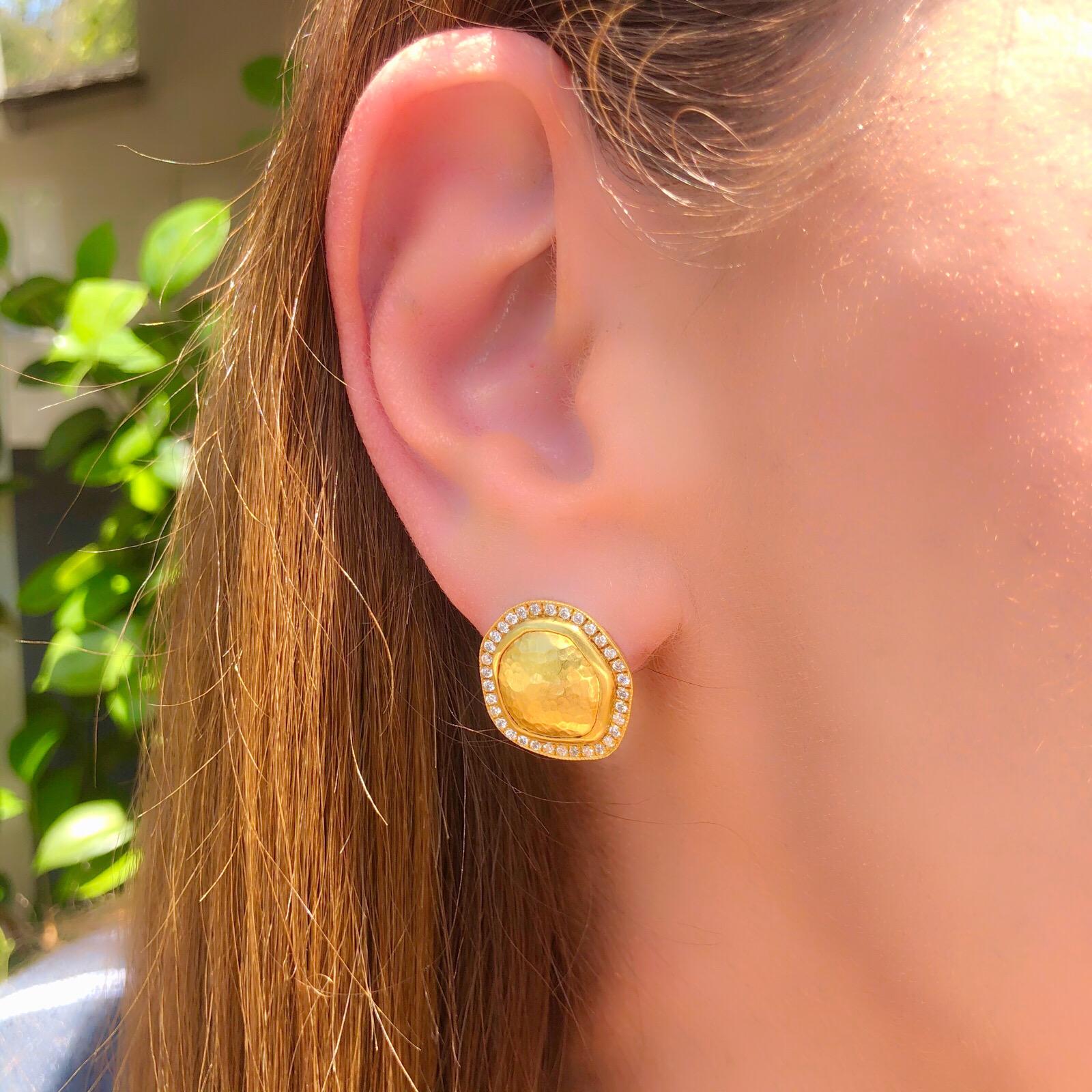 Contemporary and classic, these 22k yellow gold earrings are uniquely designed. Lika Behar brings a modern sensibility to ancient fine jewelry making traditions, creating an East-meets-West beauty to her jewelry. Set with 68 round brilliant-cut