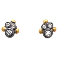 Lika Behar Dylan 24k Gold and Oxidized Silver Small Stud Earrings with Diamonds