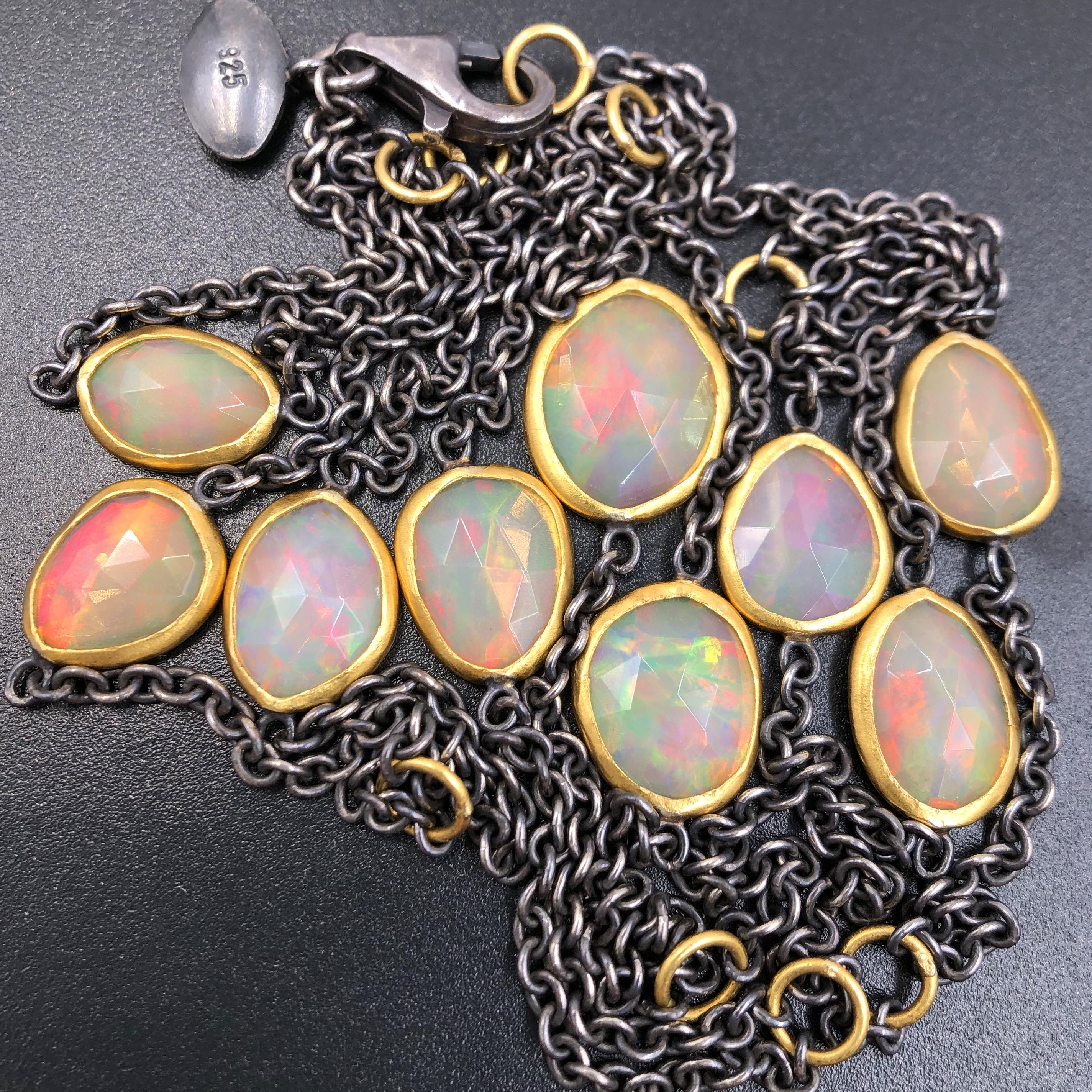 Artisan Lika Behar Fiery Faceted Ethiopian Opal 24k Gold Oxidized Silver Long Necklace