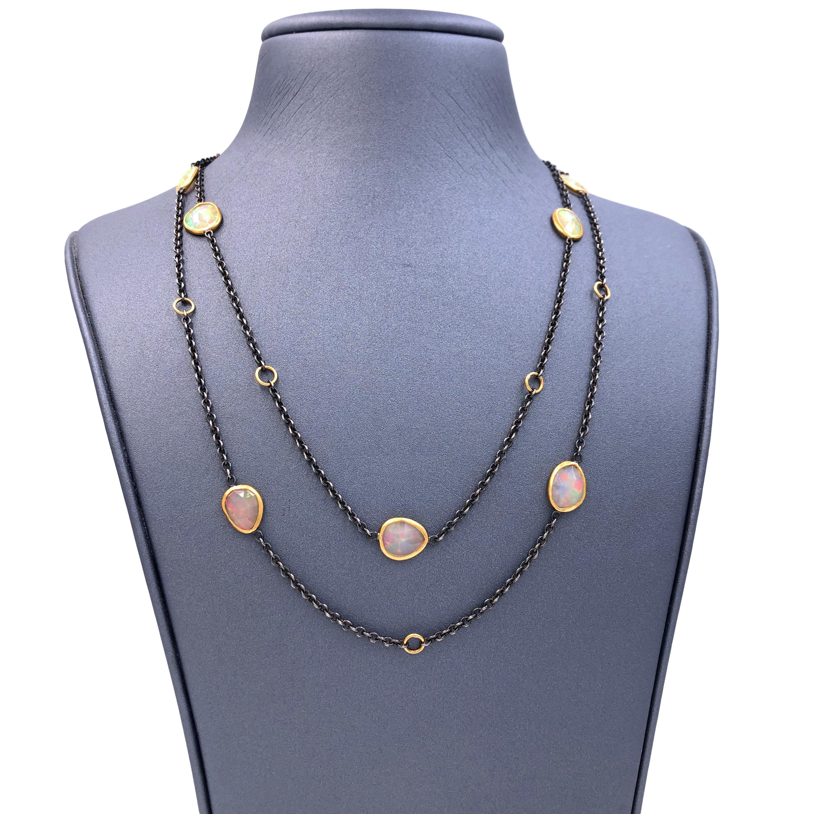 Lika Behar Fiery Faceted Ethiopian Opal 24k Gold Oxidized Silver Long Necklace In New Condition In Dallas, TX