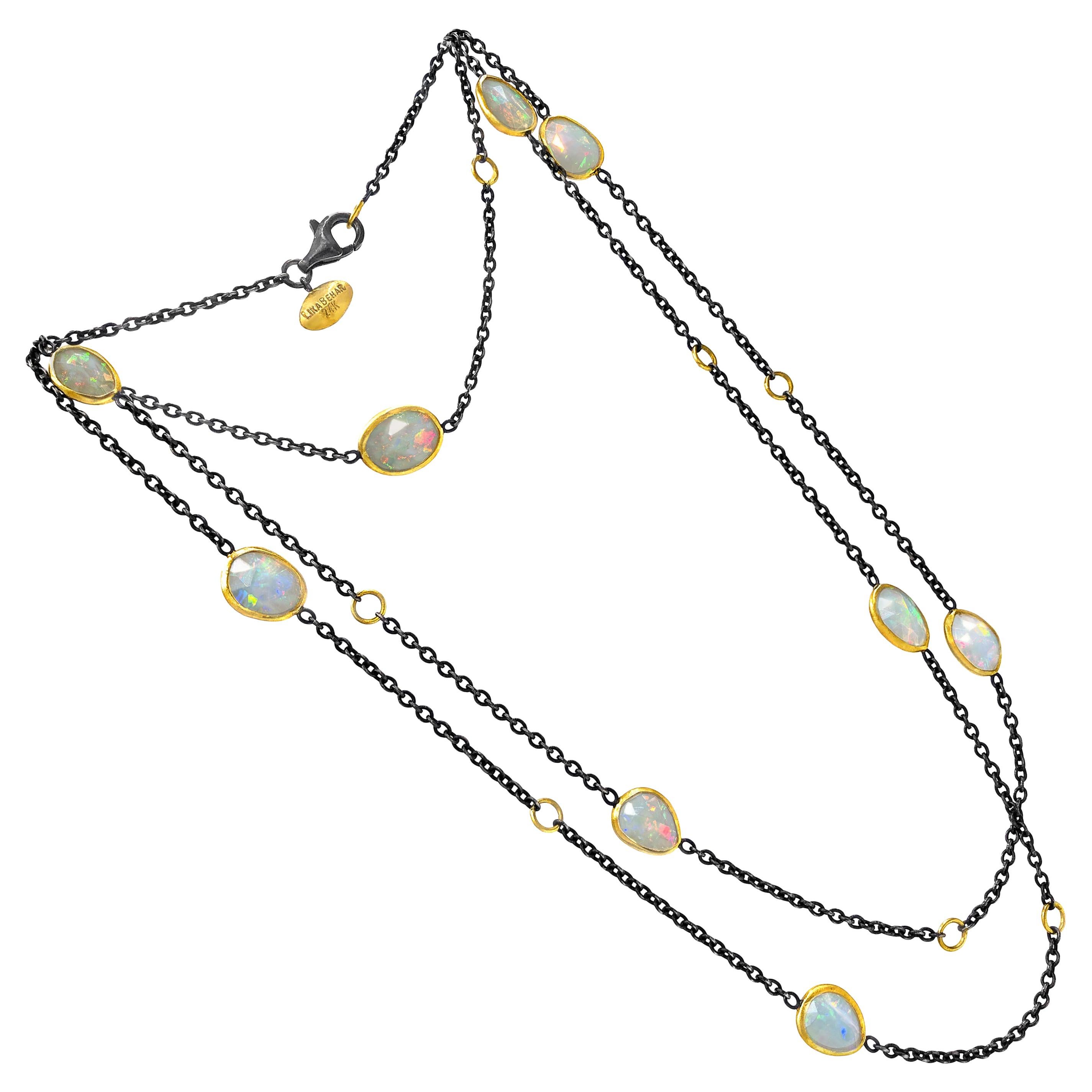 Lika Behar Fiery Faceted Ethiopian Opal 24k Gold Oxidized Silver Long Necklace