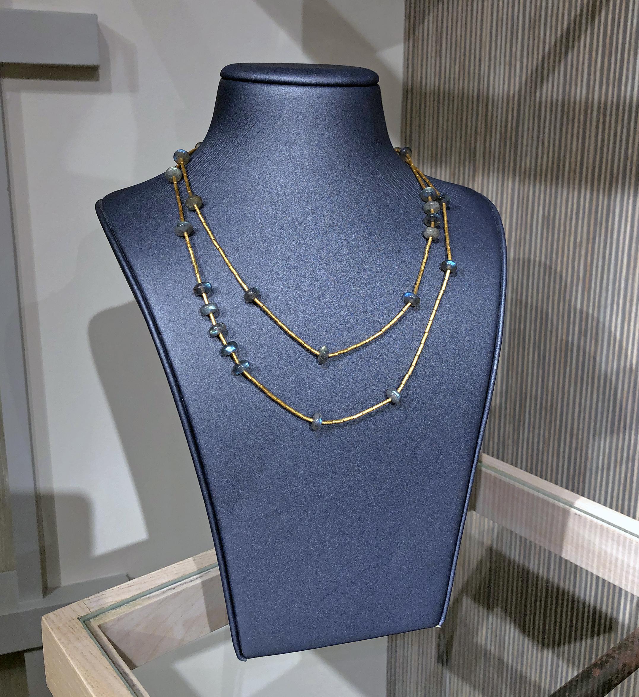Long Necklace handmade by jewelry artist Lika Behar in 24k gold with 57.44 total carats of labradorite. 

37