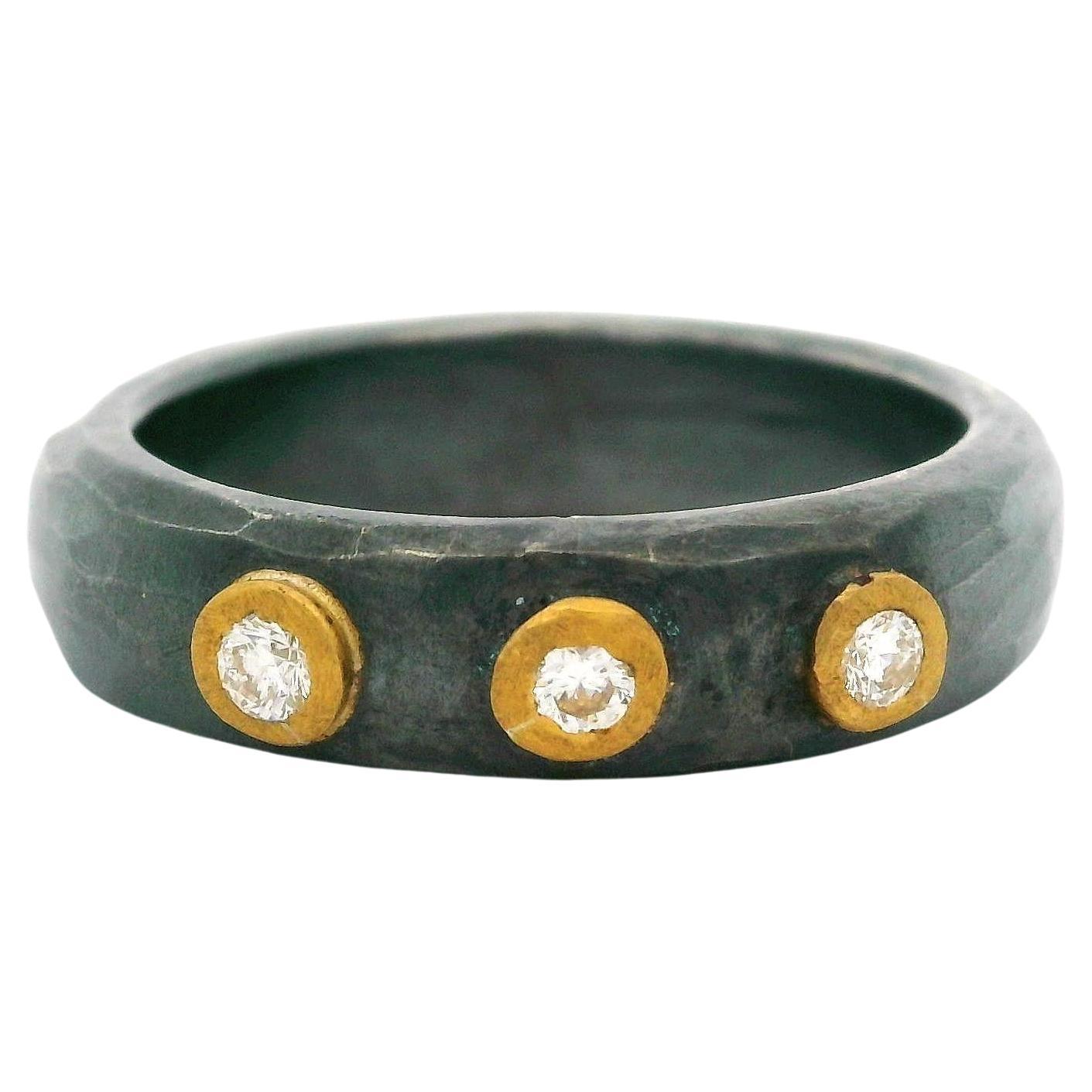 Lika Behar Oxidized Silver Yellow Gold Diamond 5.1mm Stockholm Band Ring Size 6