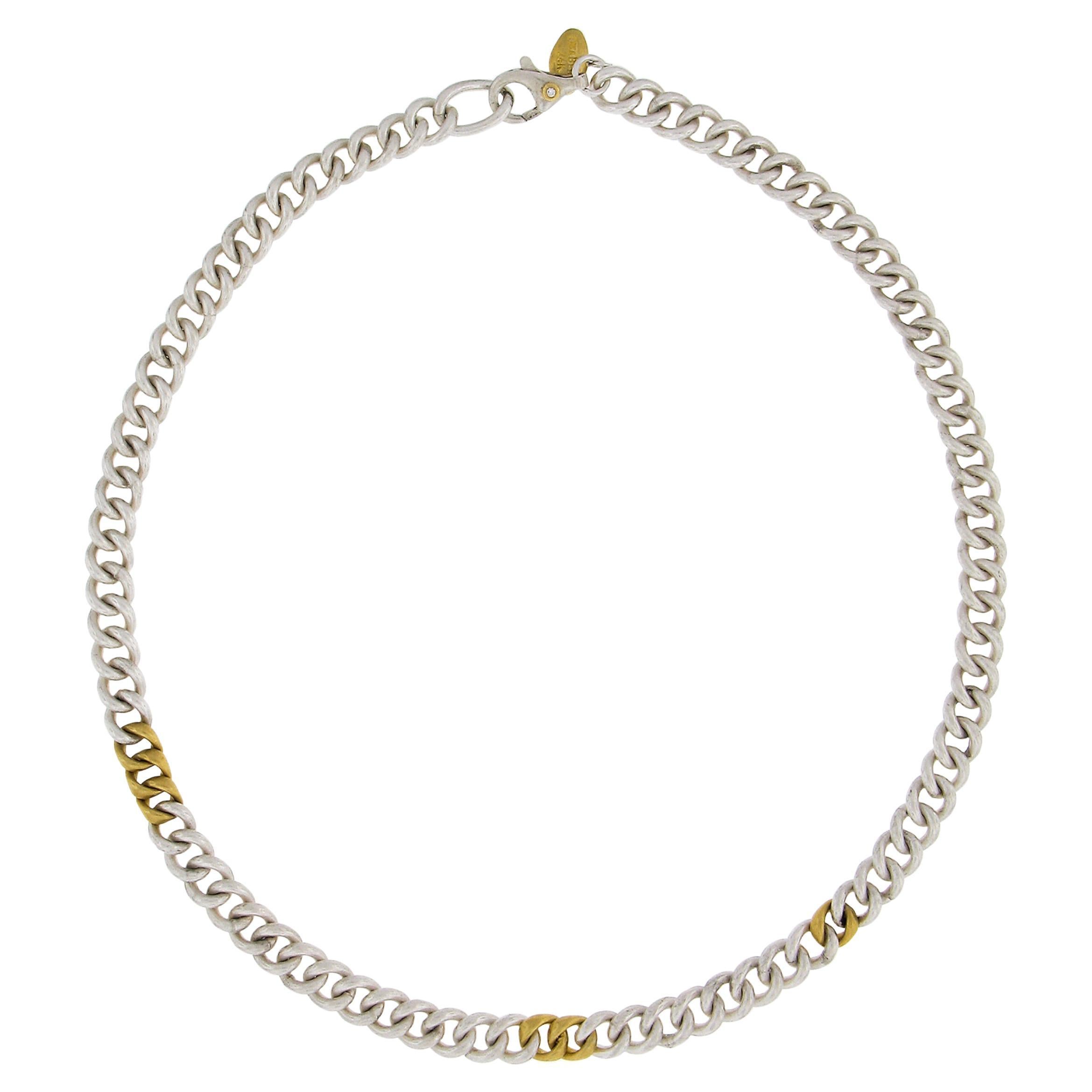 Lika Behar Silver & Gold 7.7mm 18" Matte Curb Link Chain Necklace w/ Diamond For Sale