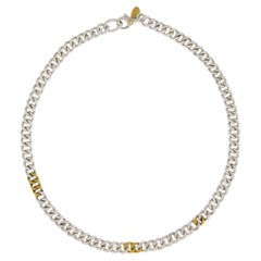 Lika Behar, collier à maillons en argent et or 7,7 mm à maillons courbes mats de 18 pouces avec diamants