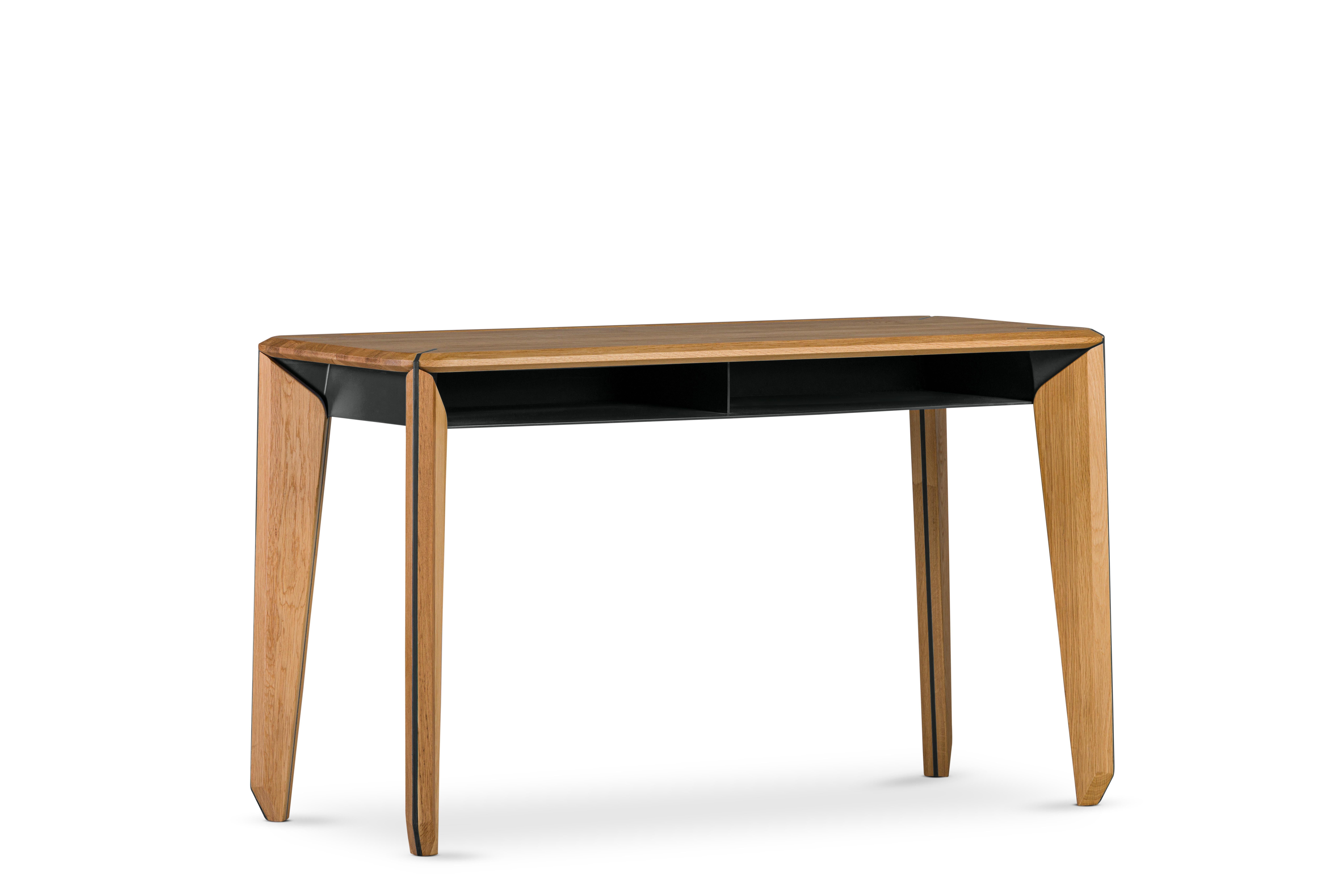 Lika Study Desk and Dresser is a versatile piece of furniture that combines functionality and aesthetics. This Abra designed product has a solid oak wooden table and legs, which add durability and natural beauty to the product. The blue metal