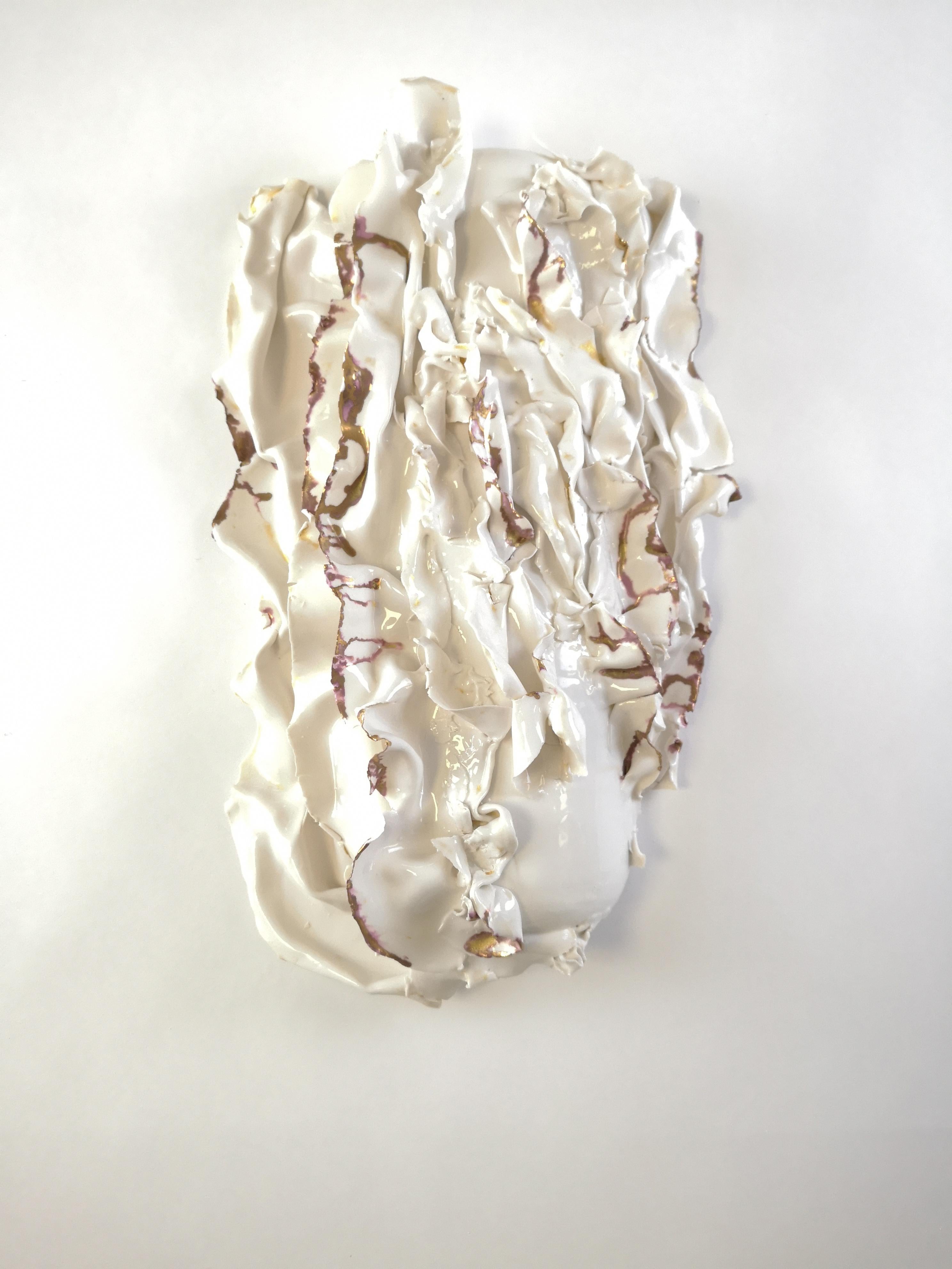 Like In Water Wall Sculpture by Dora Stanczel
One of a Kind.
Dimensions: D 10 x W 26 x H 43 cm.
Materials: Porcelain, metal and gold.

I create bespoke and luxurious porcelain pieces with a careful aesthetic. Beyond the technical mastery of casting,