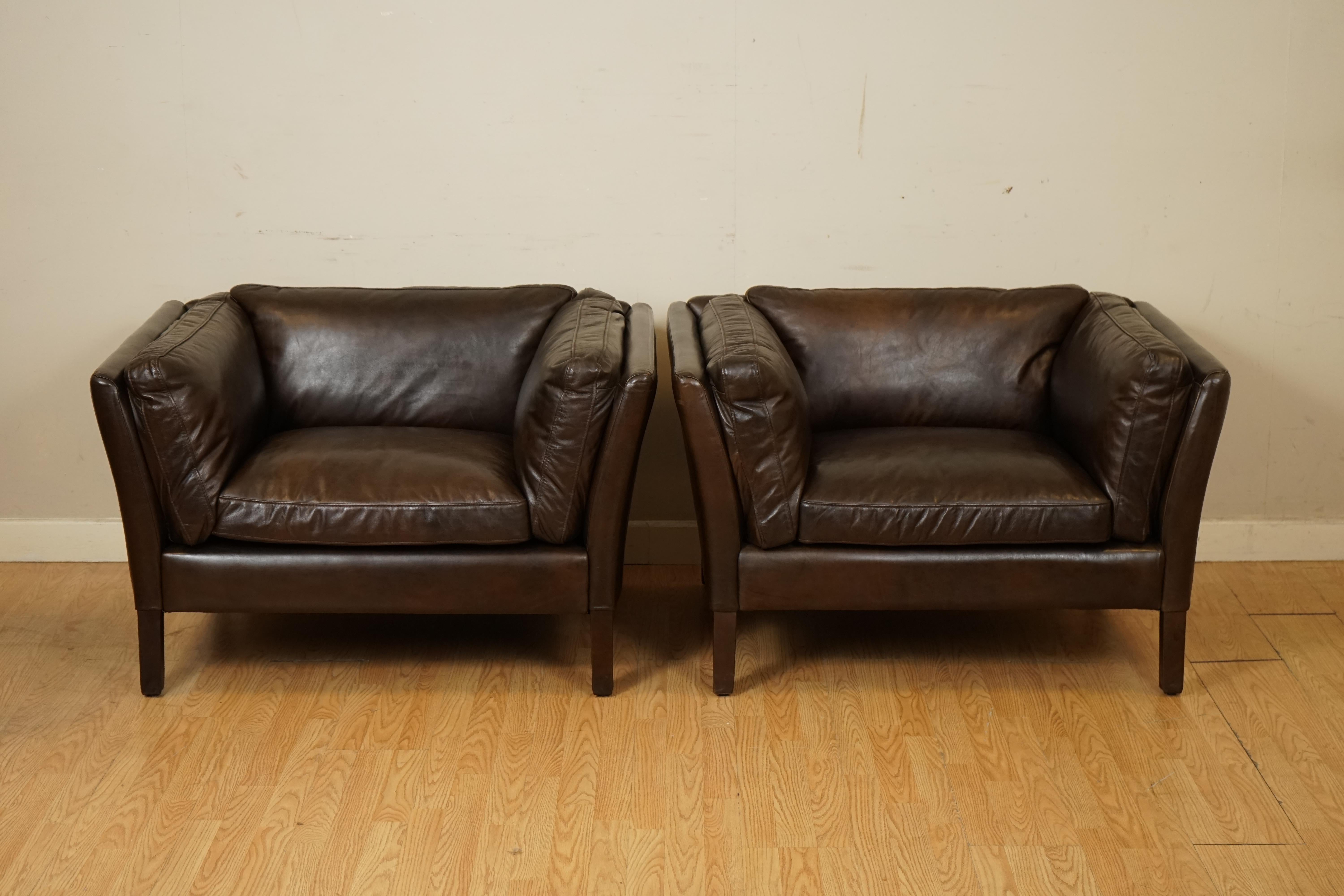 Hand-Crafted Like New Mint Condition Pair of Halo Groucho Leather Armchairs