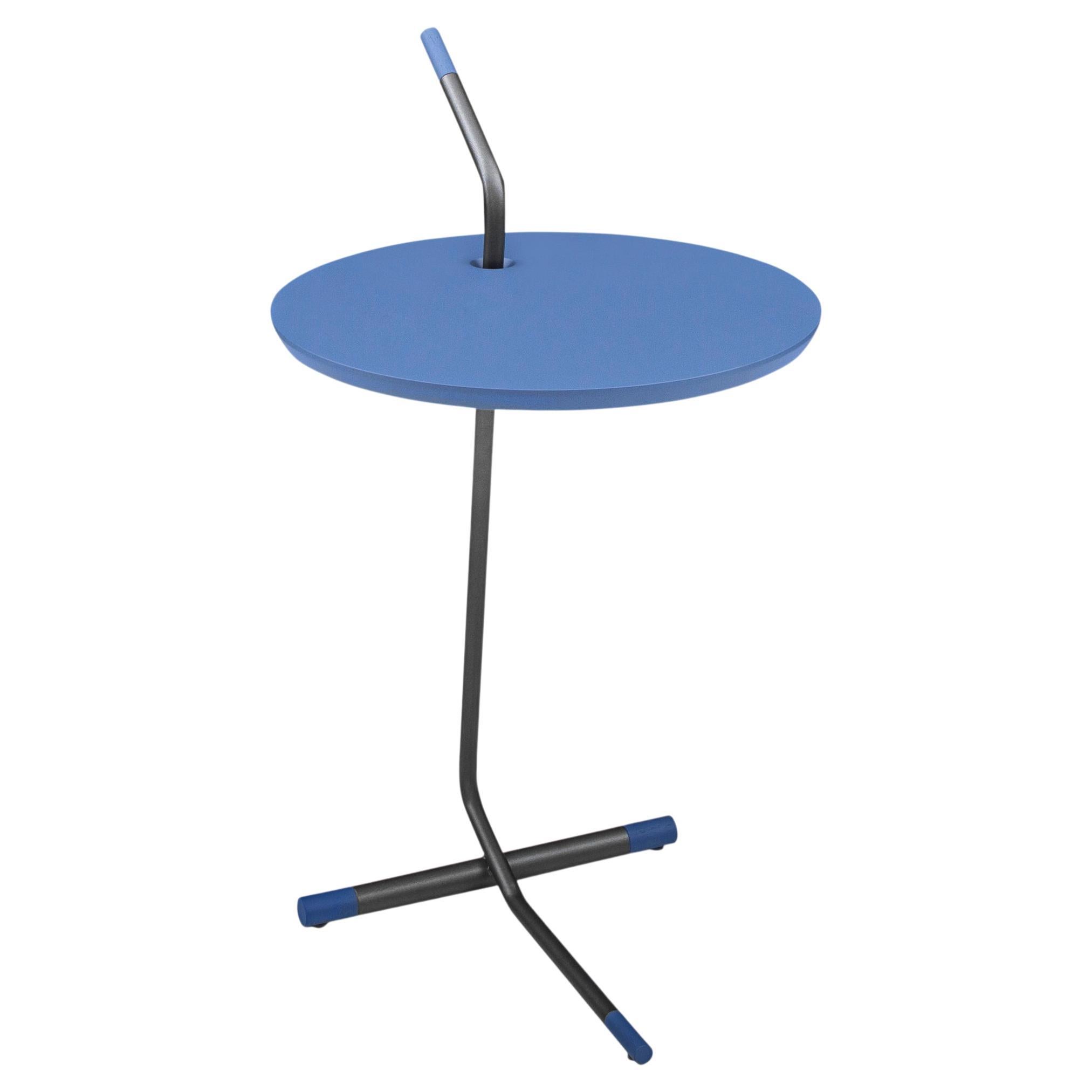 Like Side Table in Blue Wood Finish & Metal Base For Sale