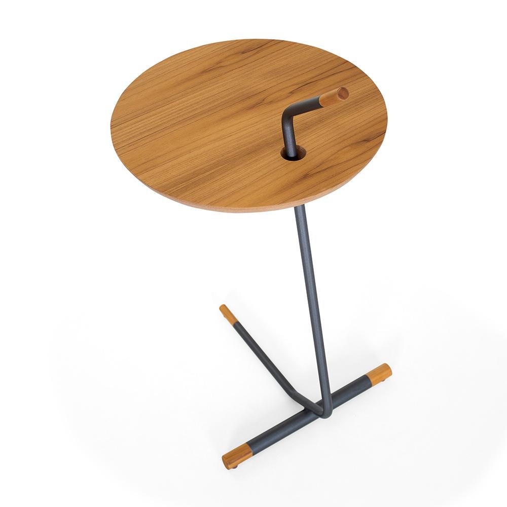 Brazilian Like Side Table in Teak Wood Finish & Metal Base For Sale
