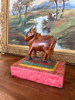 Likely Antique Hand-Carved Wooden Cow Figurine on Painted Base-Folk Art Sculptur