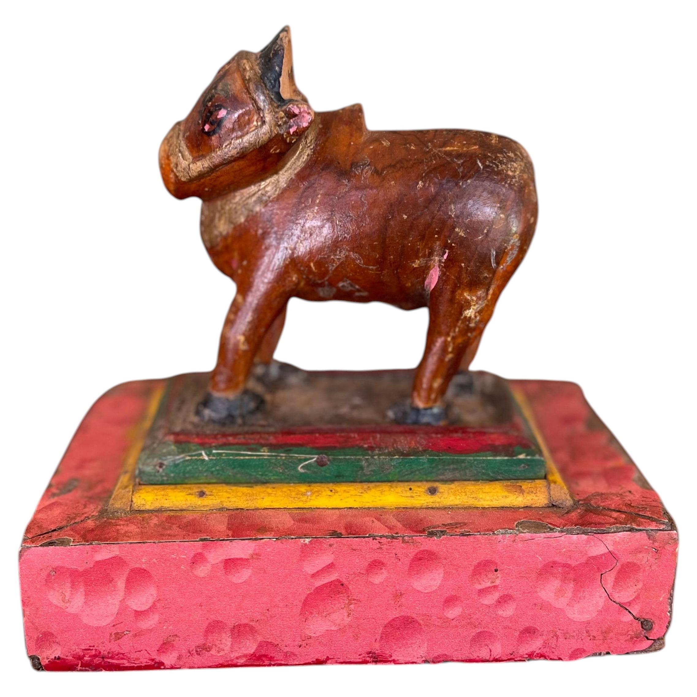 Likely Antique Hand-Carved Wooden Cow Figurine on Painted Base-Folk Art Sculptur For Sale