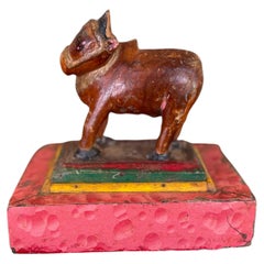 Likely Antique Hand-Carved Wooden Cow Figurine on Painted Base-Folk Art Sculptur
