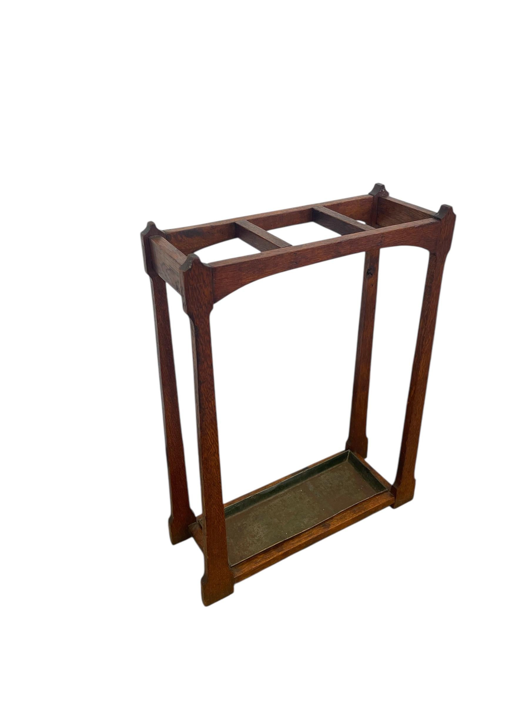 Arts and Crafts Likely Antique Mission Oak Umbrella Stand with Original Metal Drip Tray. For Sale