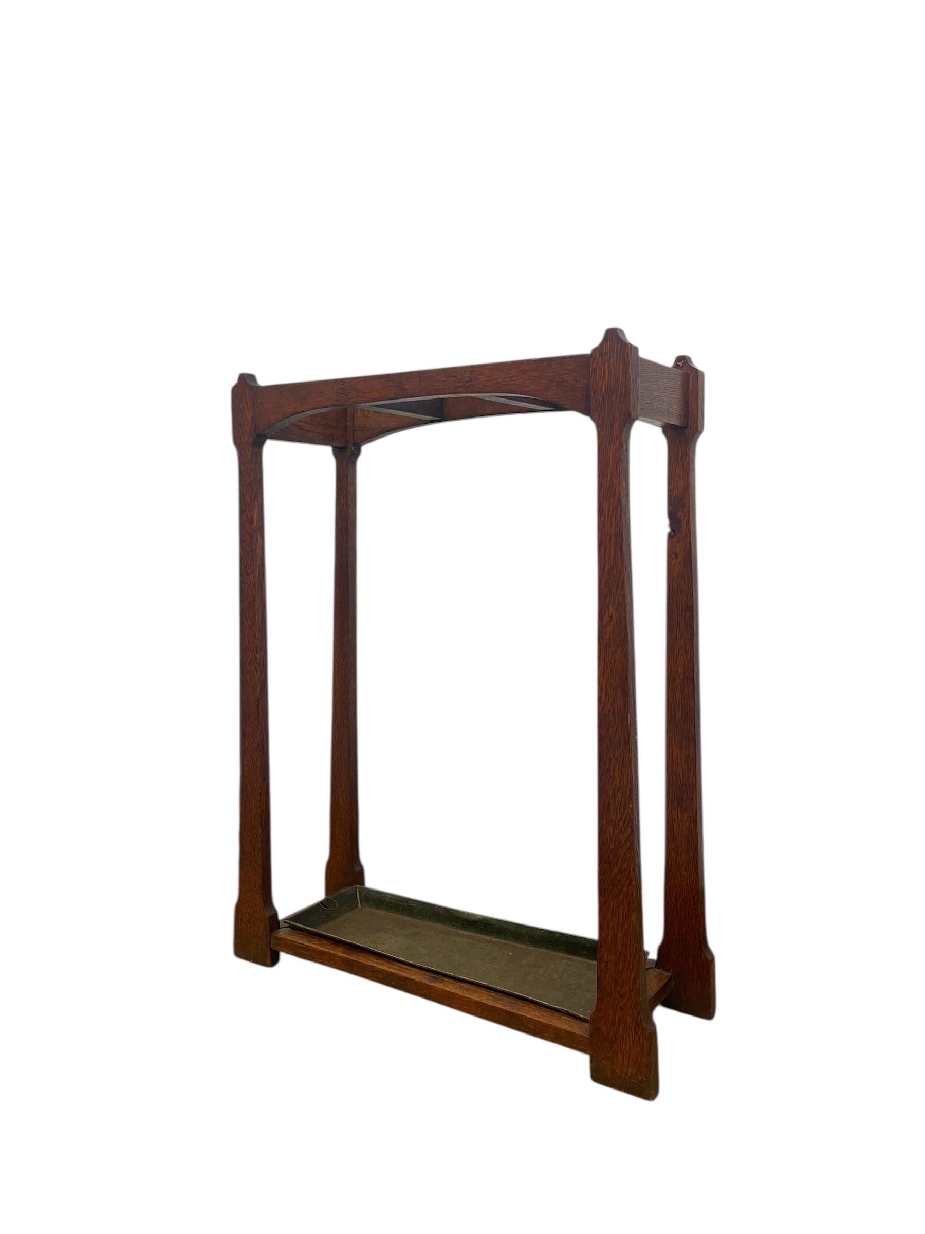 Likely Antique Mission Oak Umbrella Stand with Original Metal Drip Tray. For Sale 2