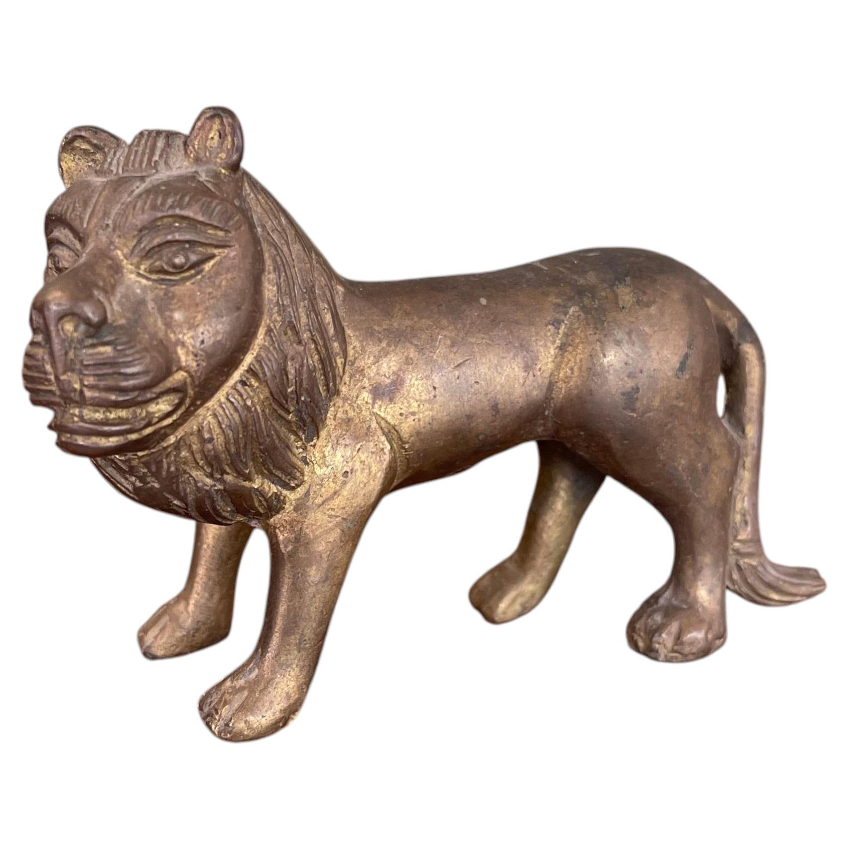 Likely Antique Possibly Hand-Cast Bronze Toned Lion Figurine.