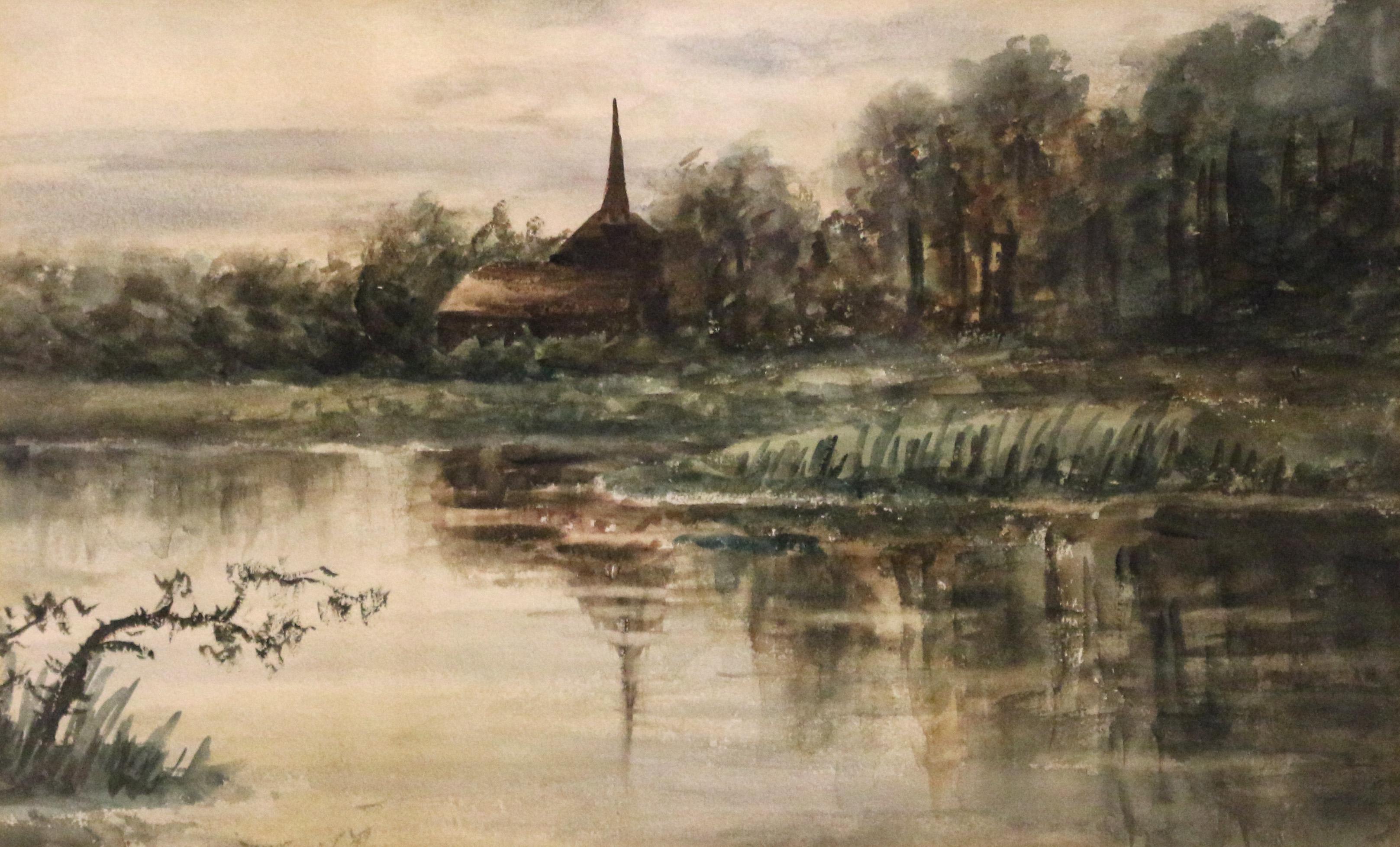 Framed, unsigned watercolor, likely European and late 19th century. In an old frame, but appears to have been more recently matted and backed. Charming lush water scene with a spired building reflected back in the water as well. Not examined out of