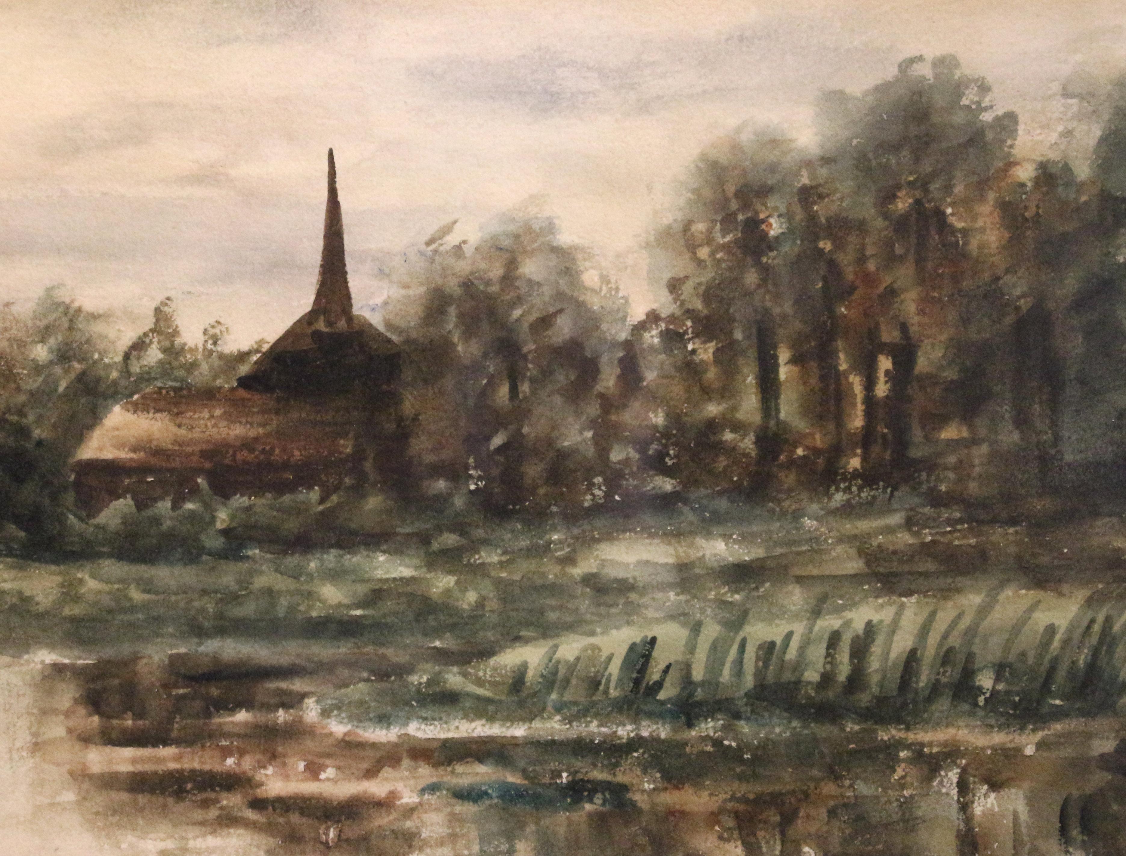 Glass Likely Late 19th Century European Water Scene Watercolor For Sale