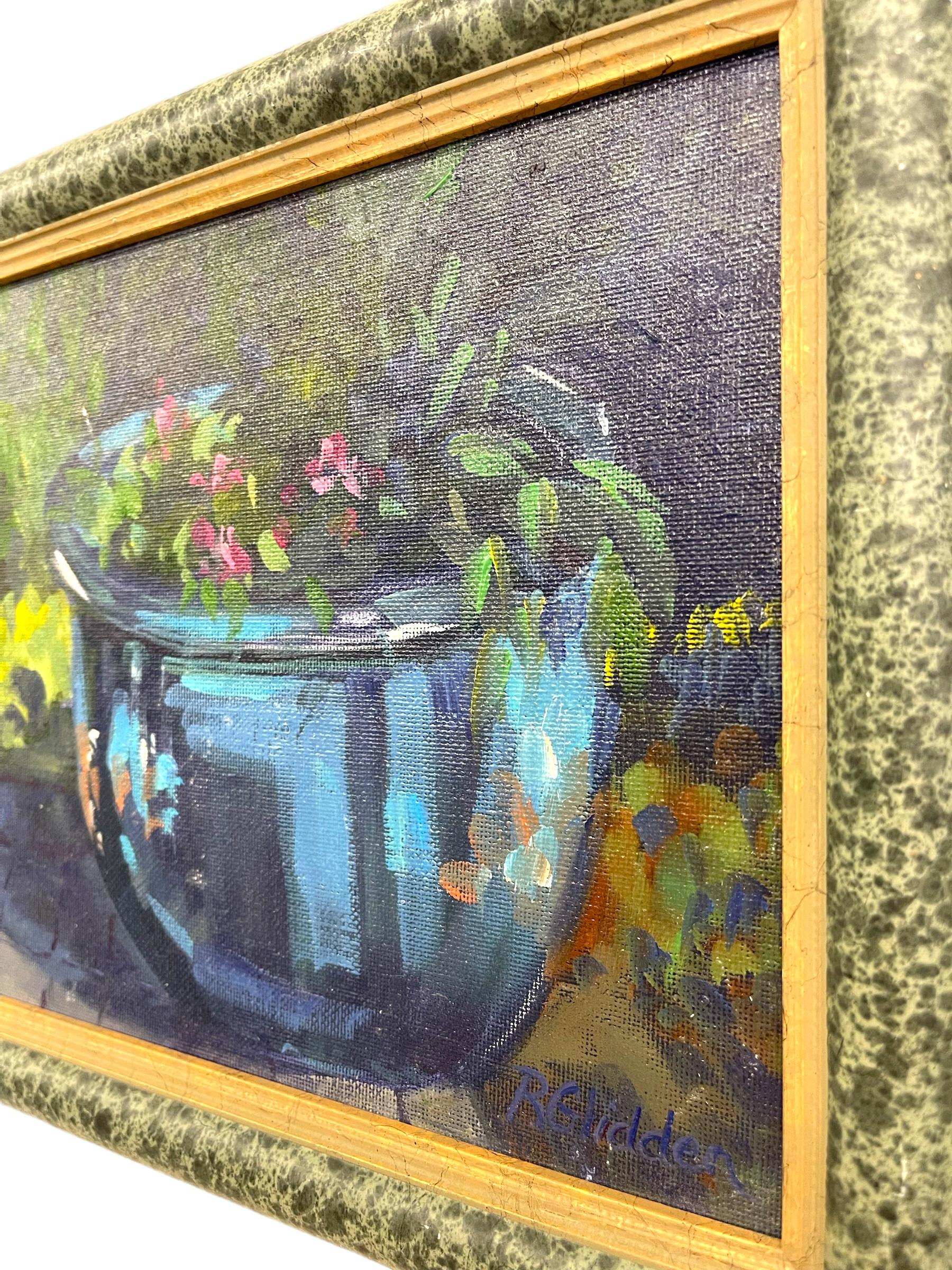 Likely Original Stillleben Ölgemälde der blauen Pflanzer mit Blumen im Angebot 1