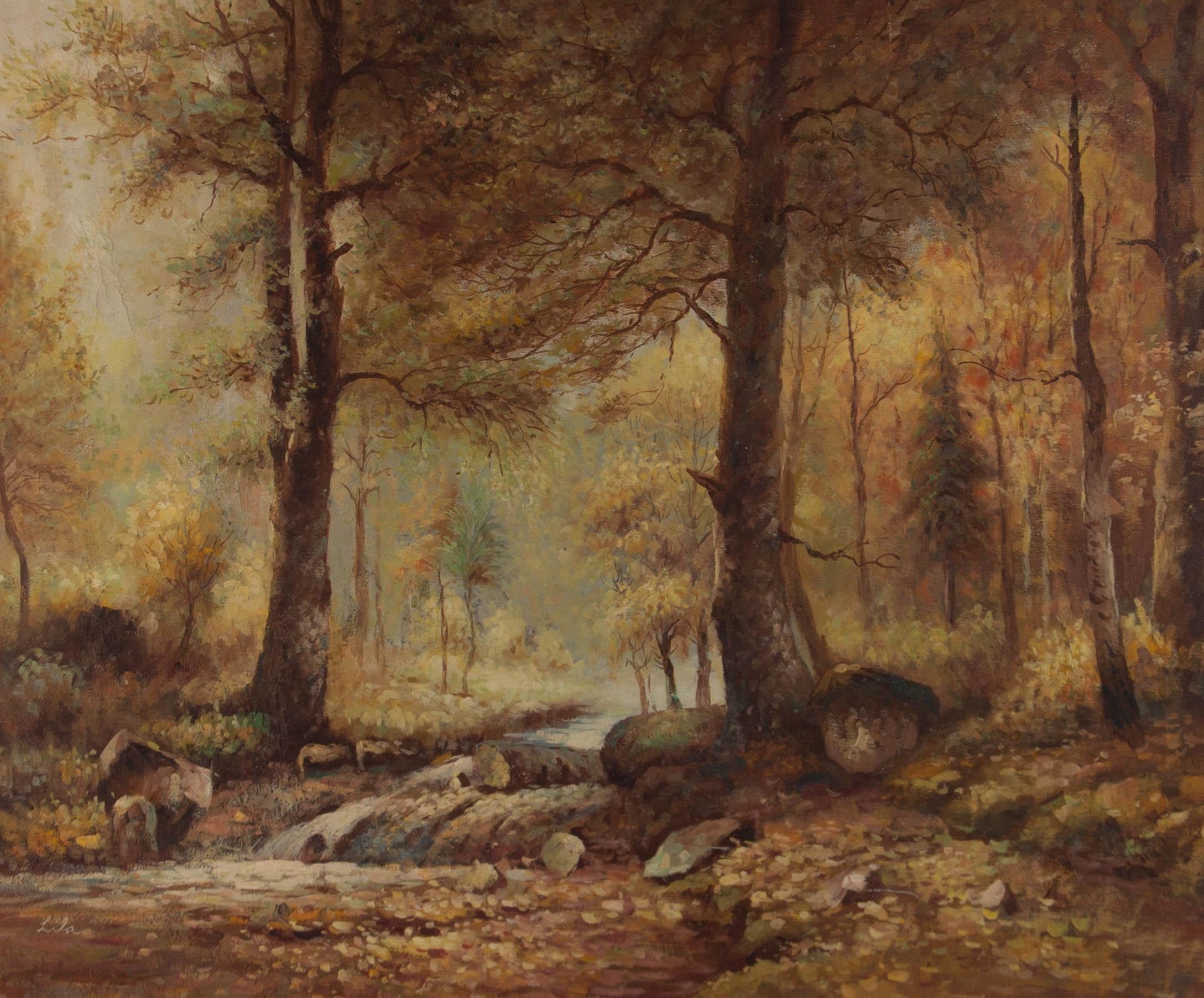 Lila - Olio del XX secolo, Foresta autunnale in vendita 1