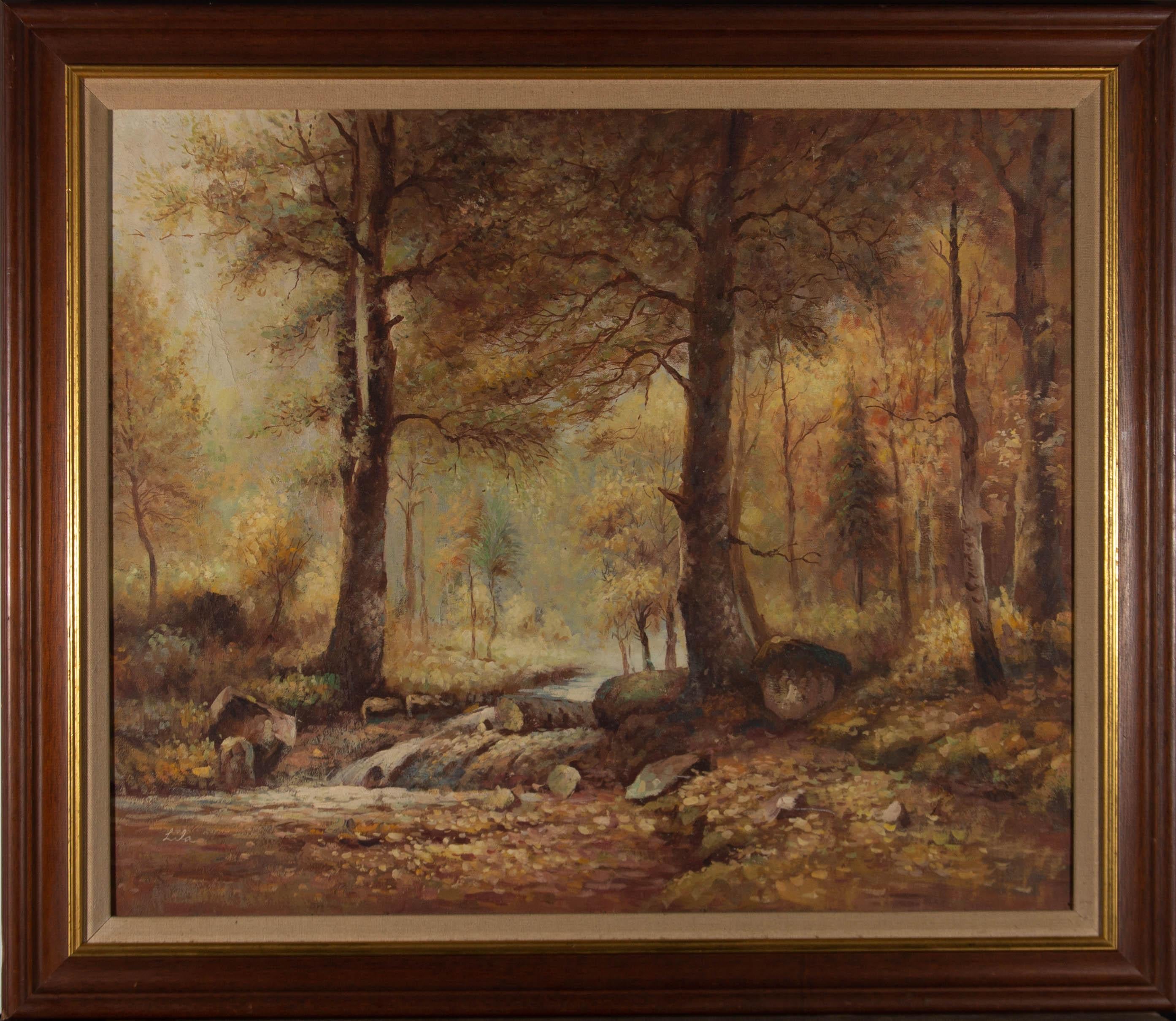 An atmospheric scene in an autumnal forest. Presented in a wooden frame with a gilt-effect inner edge and a linen slip. Signed to the lower-left corner. On canvas on stretchers.
