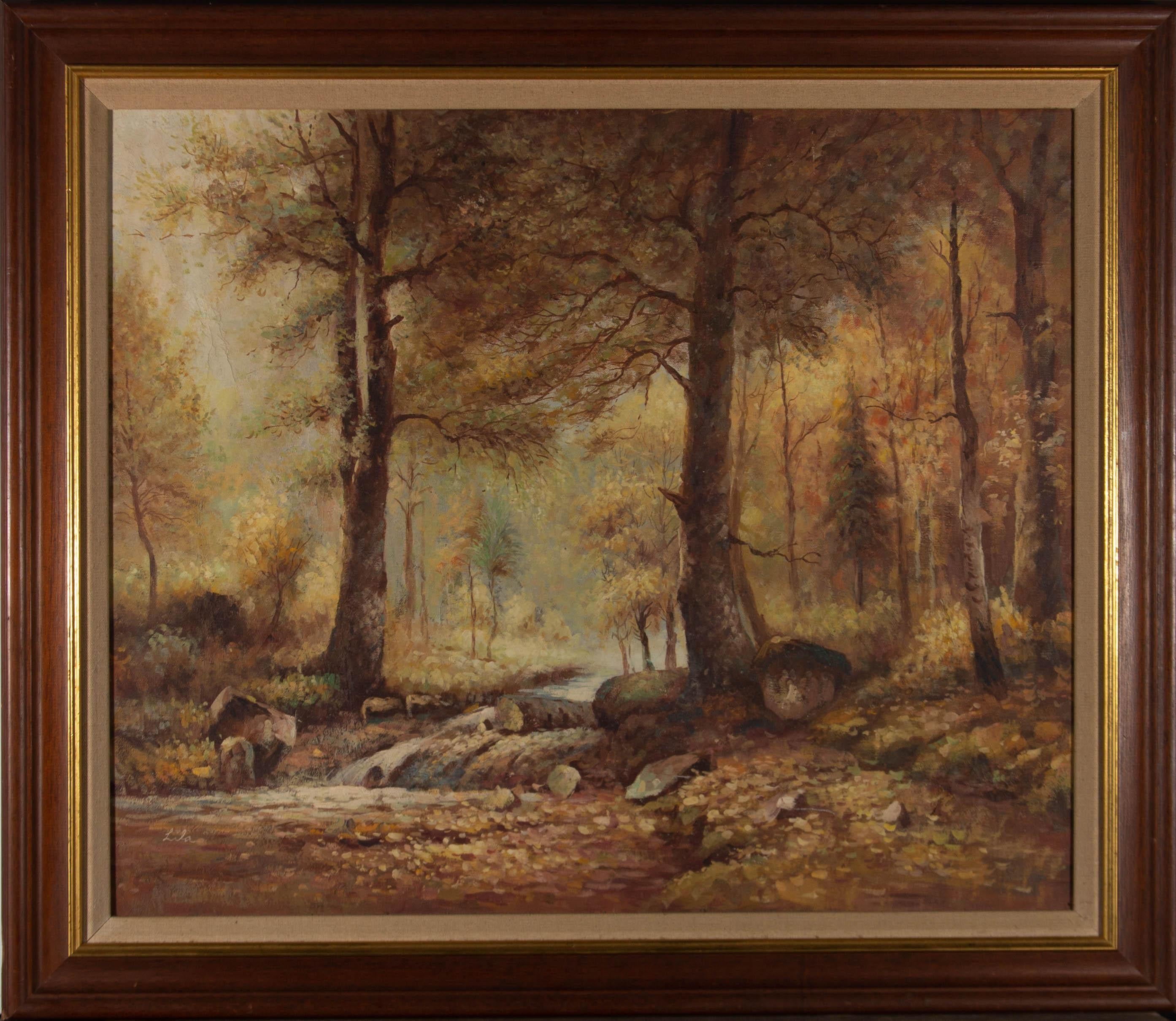 Una scena suggestiva in una foresta autunnale. Presentato in una cornice di legno con bordo interno dorato e una sottoveste di lino. Firmato in basso a sinistra. Su tela su barelle.
