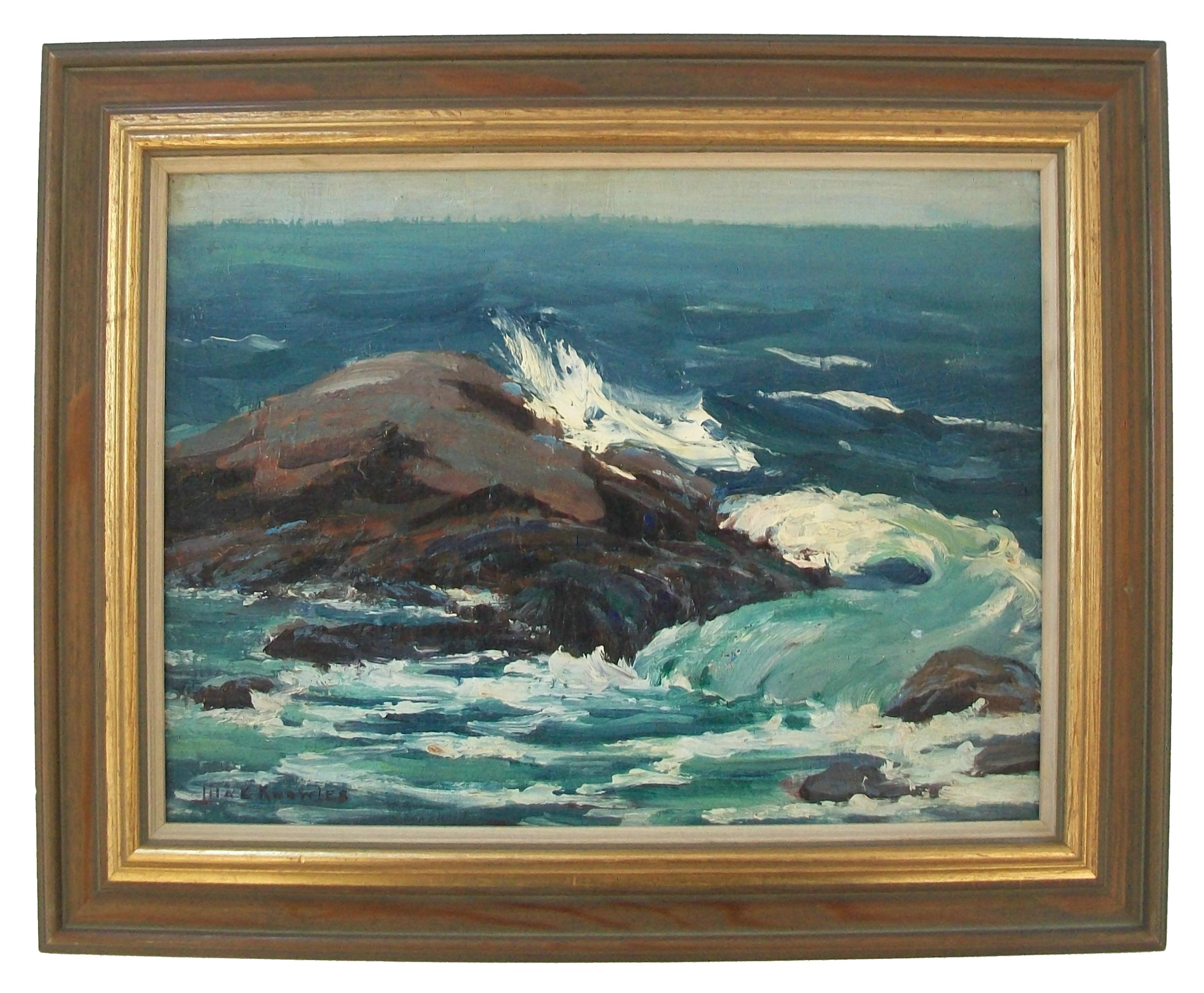 LILA CAROLINE MCGILLIVRAY KNOWLES (1886-1979) - 'The Sea' - Peinture à l'huile d'art du milieu du siècle, paysage marin, sur toile montée sur panneau de carton - avec de gros empâtements - signée en bas à gauche - étiquette d'exposition de 1943 de