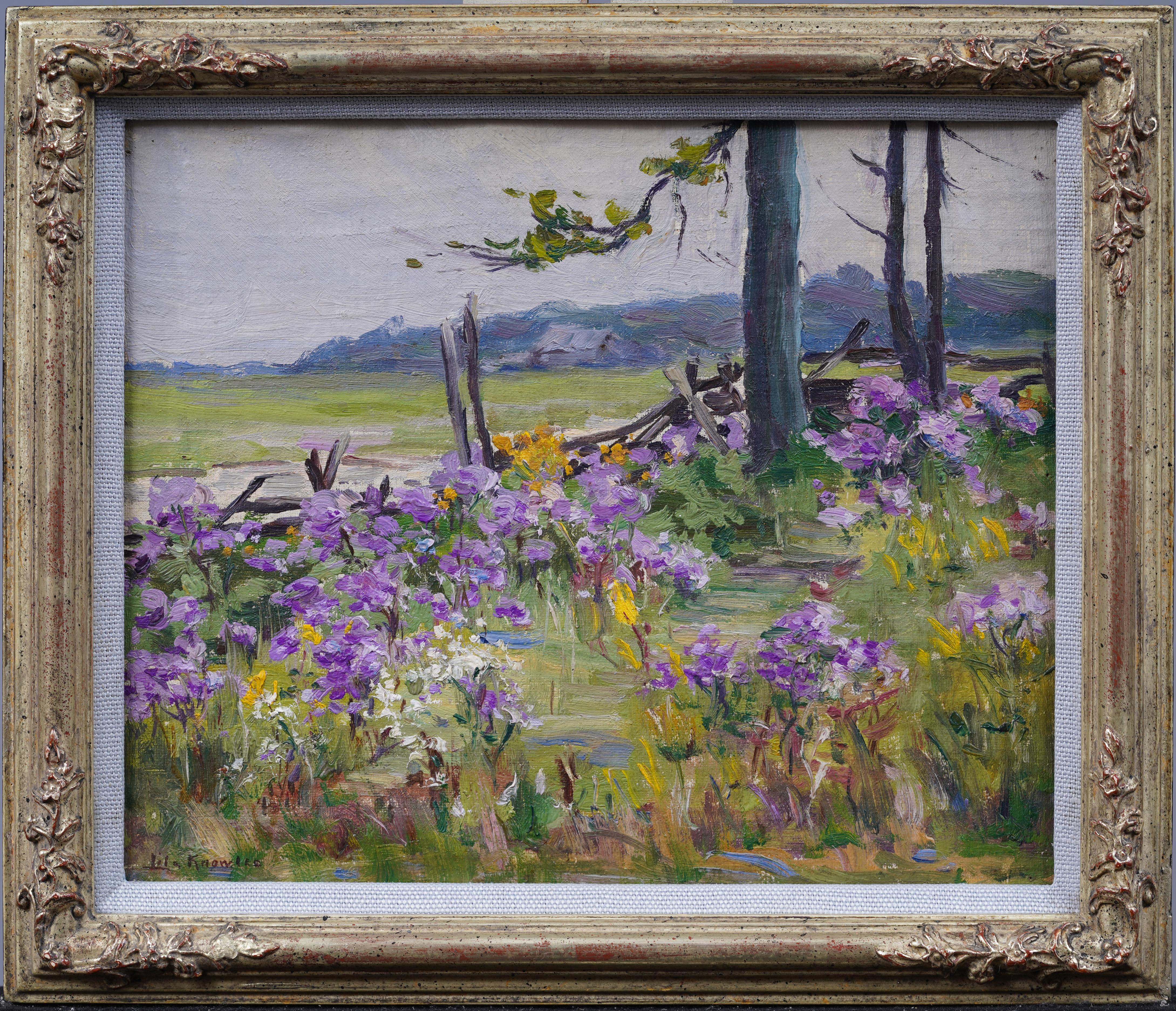Antico dipinto ad olio firmato da una donna americana impressionista che dipinge un paesaggio di fiori selvatici - Painting di Lila Caroline McGillivray Knowles (1886 - 1979)