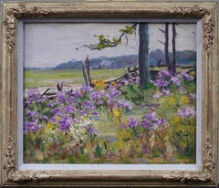 Antico dipinto ad olio firmato da una donna americana impressionista che dipinge un paesaggio di fiori selvatici