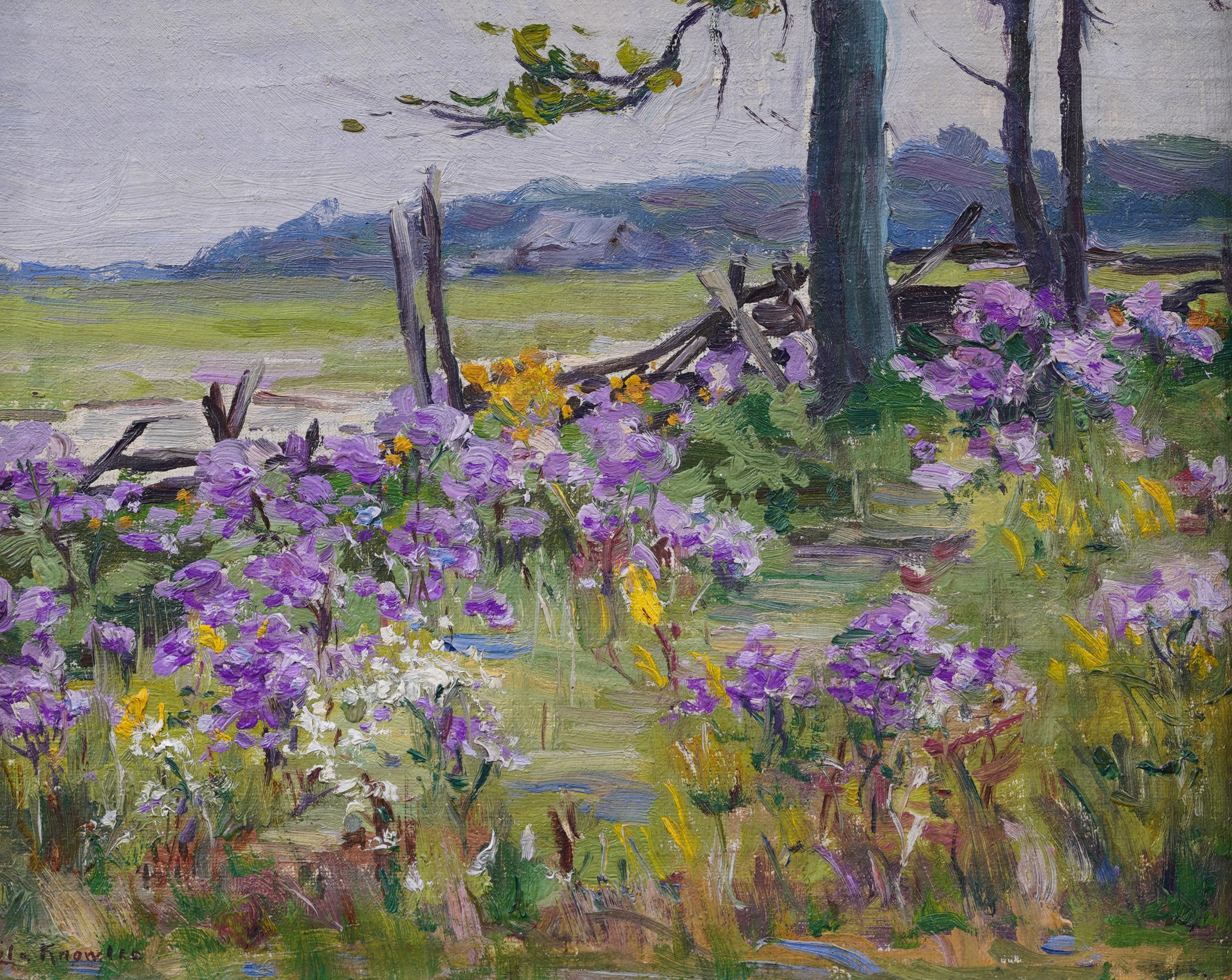 Antico dipinto ad olio firmato da una donna americana impressionista che dipinge un paesaggio di fiori selvatici - Landscape Painting Grigio di Lila Caroline McGillivray Knowles (1886 - 1979)