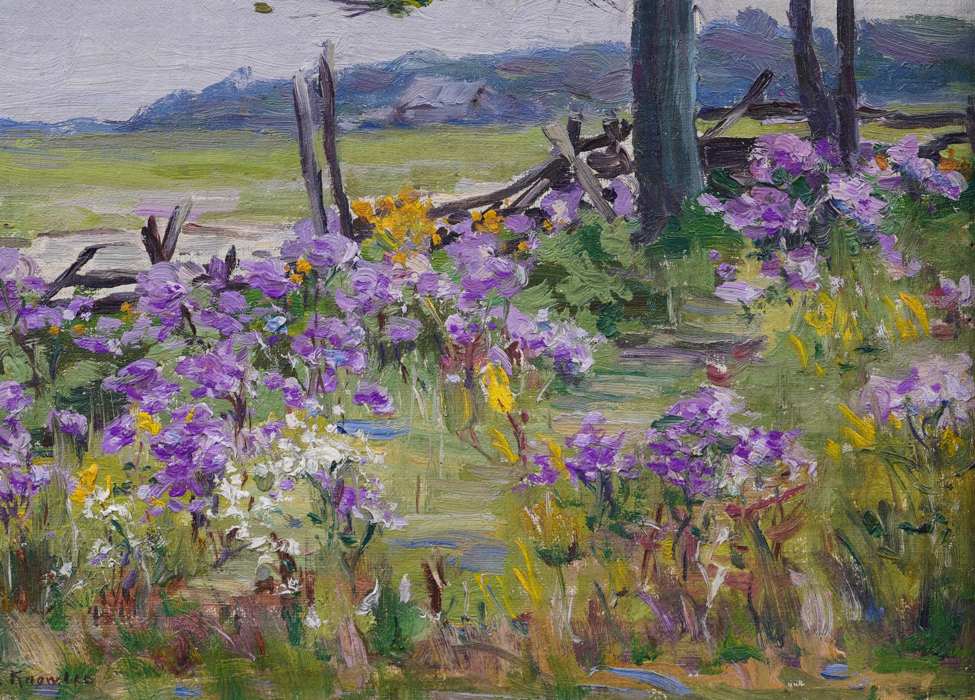 Impressionante dipinto di paesaggio floreale del primo periodo impressionista americano di Lila Caroline McGillivray Knowles (1886 - 1979). Olio su tavola.  Incorniciato.  Firmato.  Dimensioni dell'immagine, 10 x 12 pollici.  
