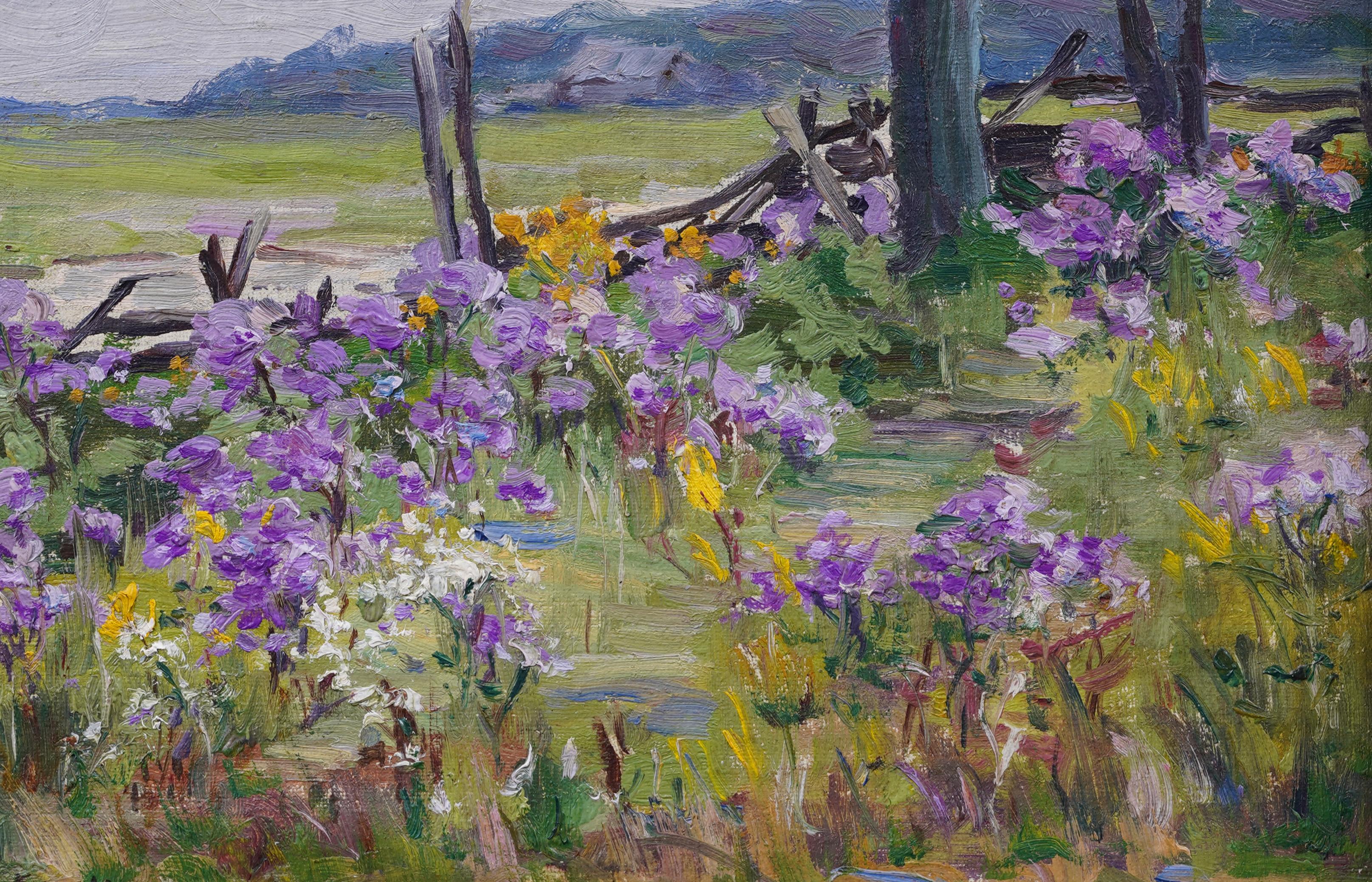 Antico dipinto ad olio firmato da una donna americana impressionista che dipinge un paesaggio di fiori selvatici in vendita 1