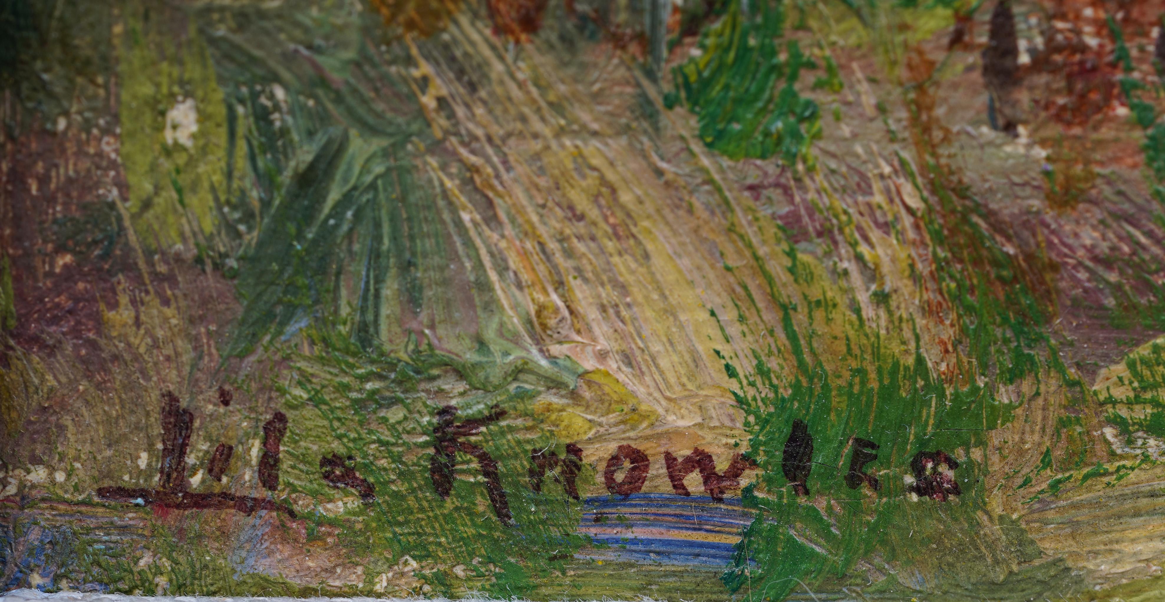 Antico dipinto ad olio firmato da una donna americana impressionista che dipinge un paesaggio di fiori selvatici in vendita 3