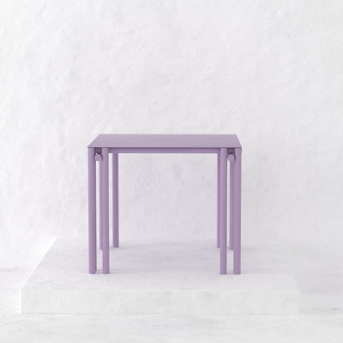 The Dolmen Square Dining Table is a tubular piece conceptualized as a dining table suitable for both, indoor and outdoor. 
Crafted by hand in metal and coated with a matte electrostatic finish its size can be customized.
With a table top of  90 x 90