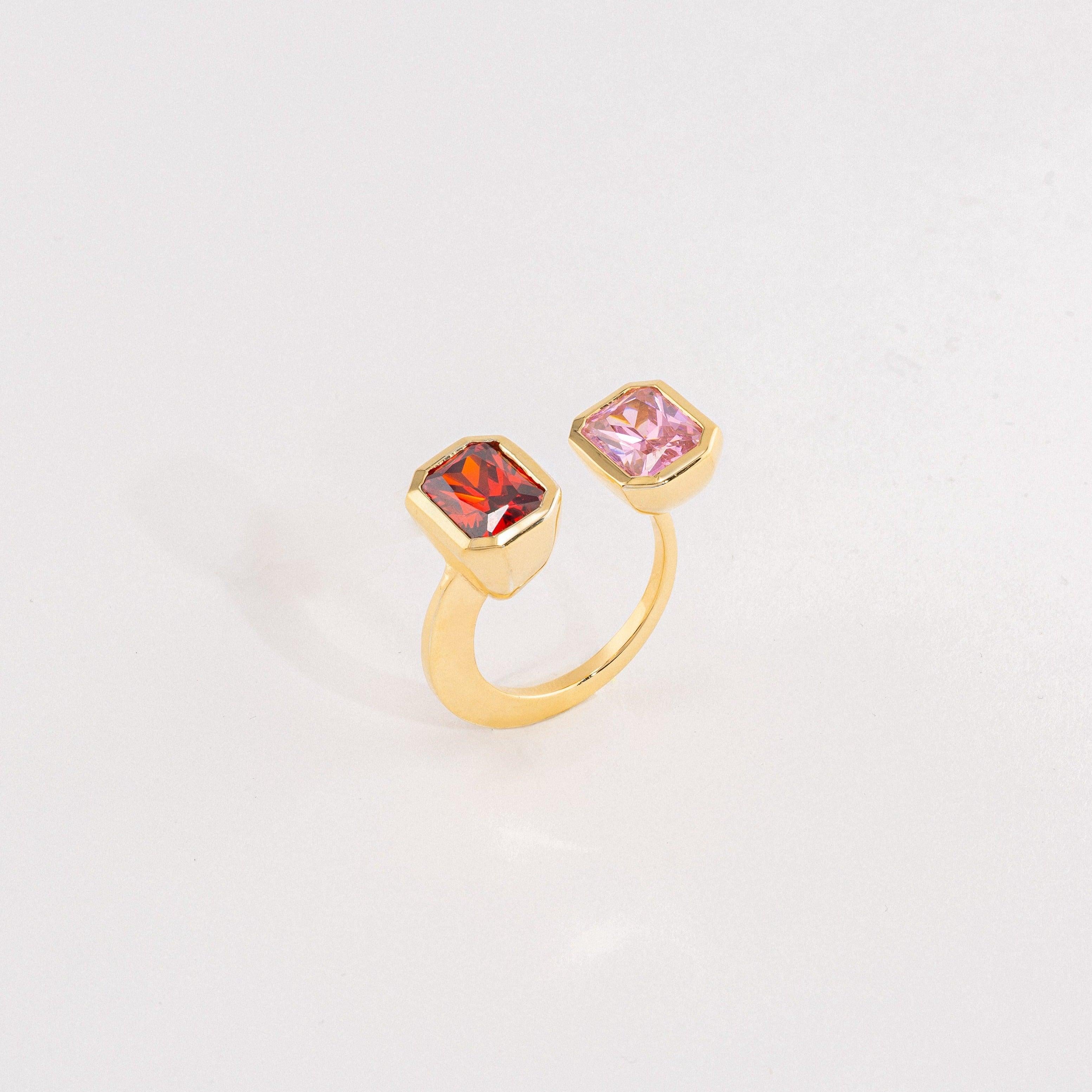 Trillion Cut Lila Ring with Pink + Red in Gold For Sale