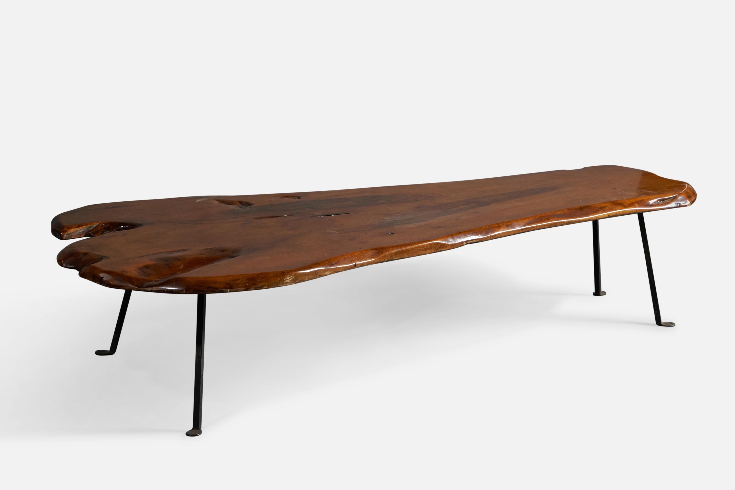 A burled walnut and black painted iron coffee table, designed and produced by Lila Swift + Donald Monell, USA, 1950s.
