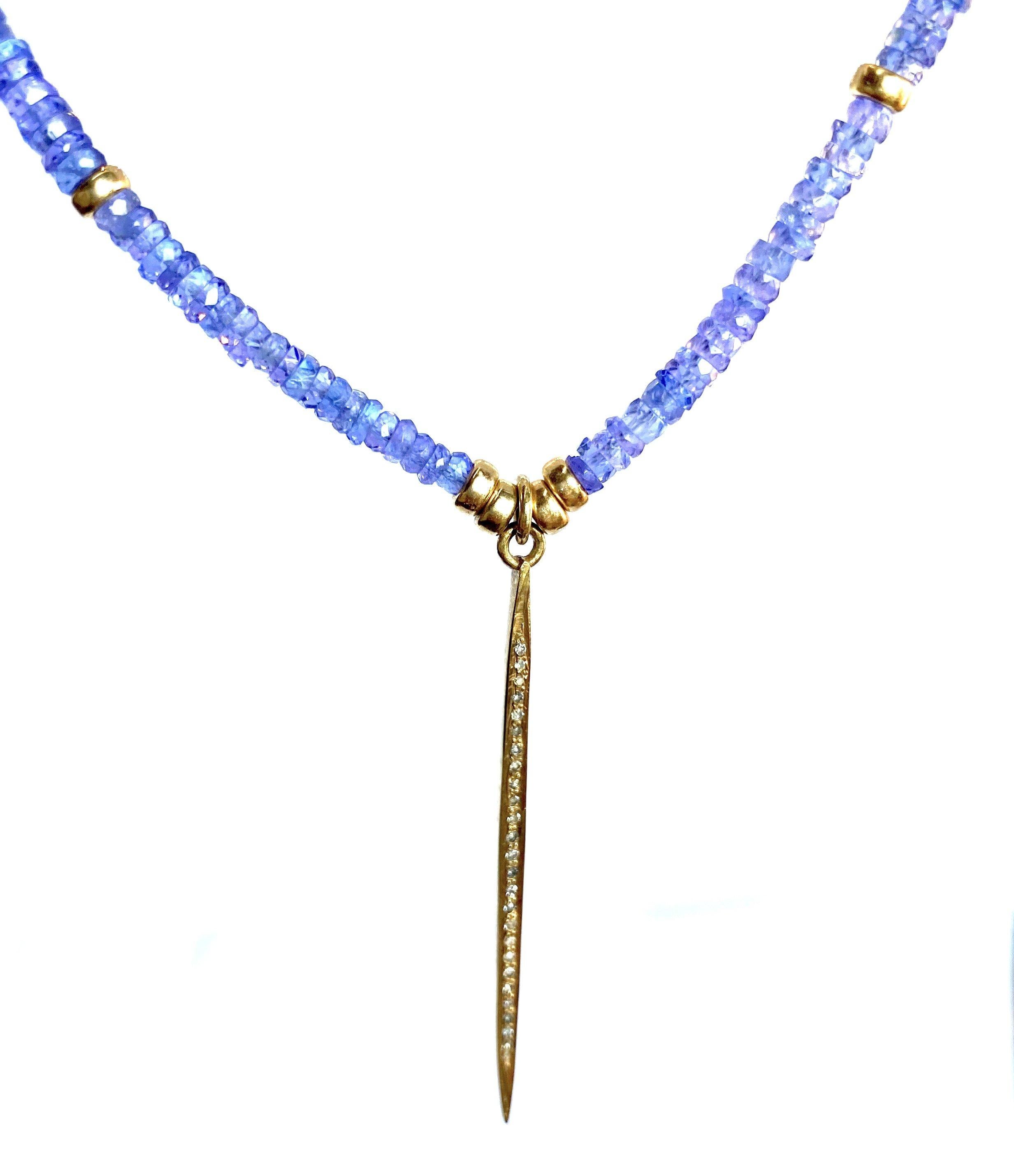Story Behind the Jewelry
Tanzanite is a magical stone with its lilac-blue colors.  The necklace is adorned with 14K gold accents and a pave diamond gold pendant.  The is dear to Jada Jo as she climbed Mt. Kilimanjaro in Tanzania a few years back. 