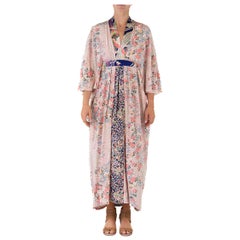Lilac Blush & Indigo Floral Wave Japanese Kimono Silk Kaftan