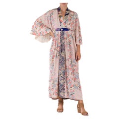 Lilac Blush & Indigo Floral Wave Japanese Kimono Silk Kaftan