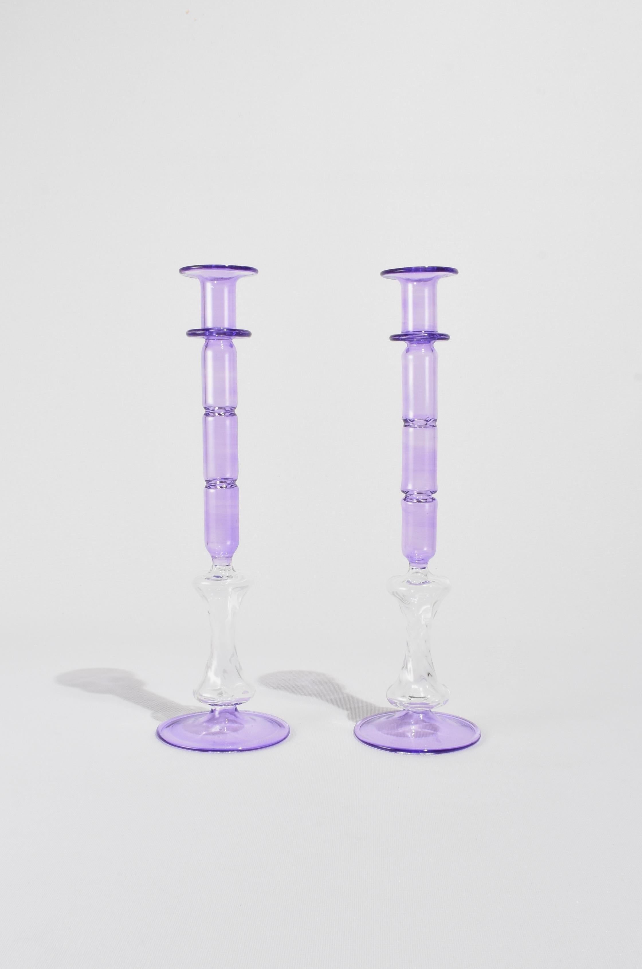 Stunning, vintage lilac blown glass candleholder set. Made in Italy.