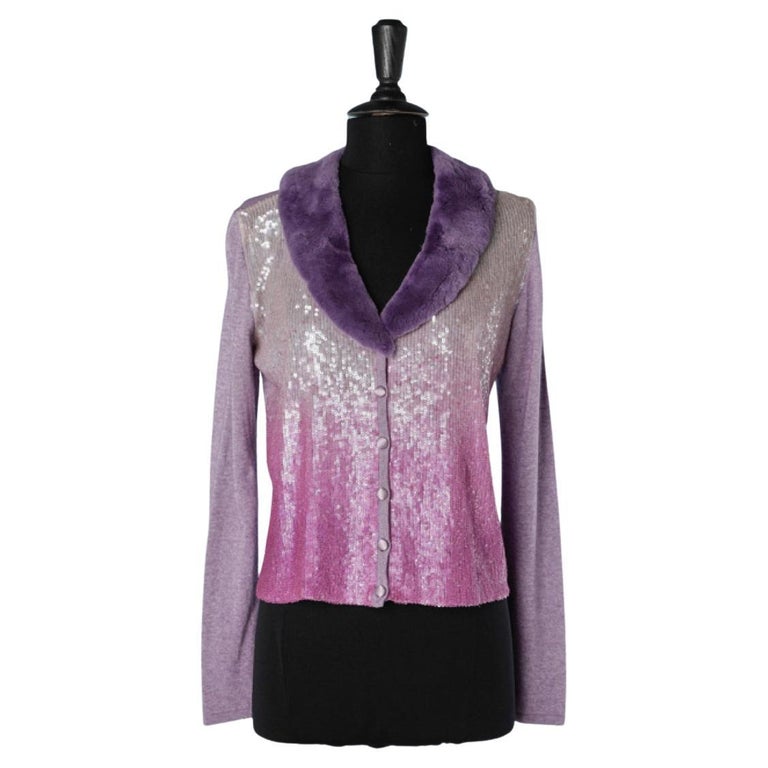 Lilac cashmere cardigan with sequin and fur collar Blumarine at 1stDibs