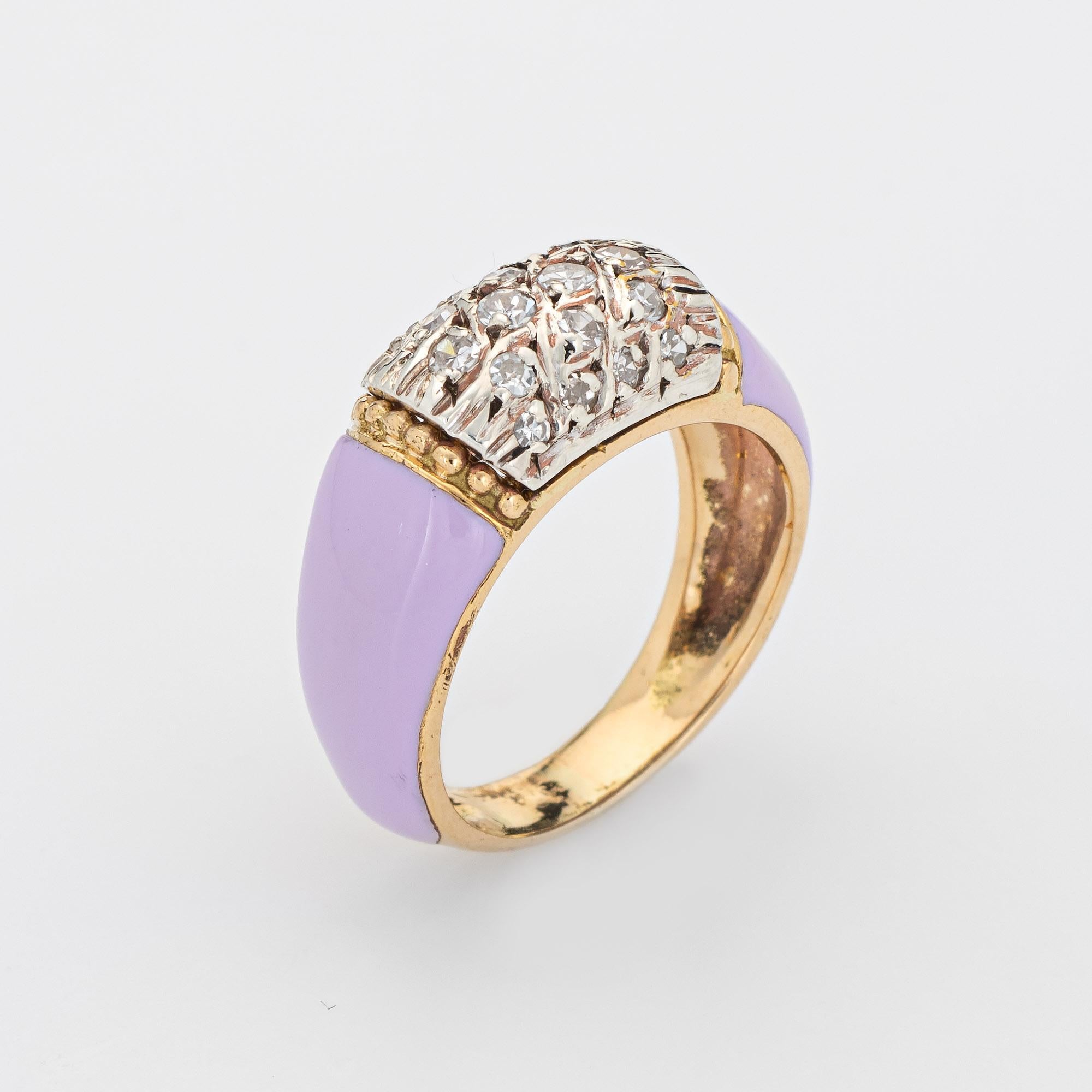 Stylish vintage lilac enamel & diamond ring (circa 1970s to 1980s) crafted in 18 karat yellow gold. 

Single cut diamonds total an estimated 0.20 carats (estimated at H-I color and SI1-2 clarity). The enamel is in very good condition and free of