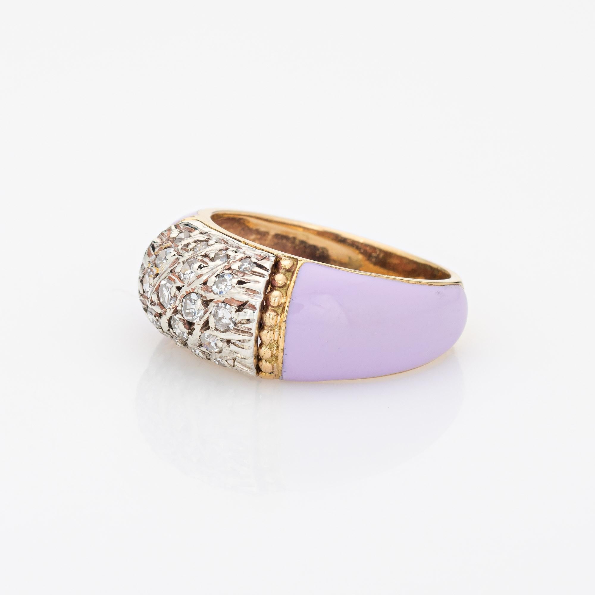 Round Cut Lilac Enamel Diamond Ring Vintage 18k Yellow Gold Band Sz 5.5 Estate Jewelry For Sale
