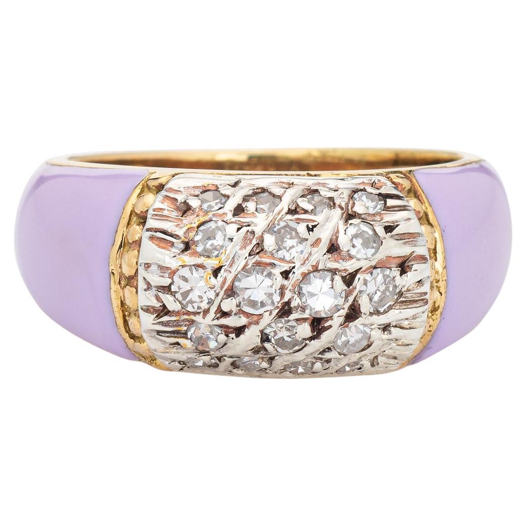 Lilac Enamel Diamond Ring Vintage 18k Yellow Gold Band Sz 5.5 Estate Jewelry For Sale